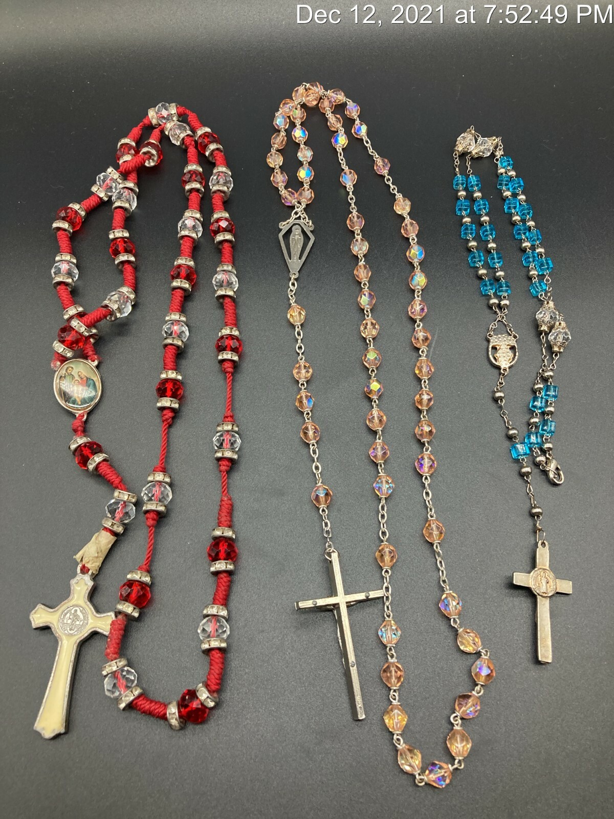 3 Vintage Faceted Czech Glass Bead Rosary Red Blue Pink LOT *Damaged* SOLD AS IS