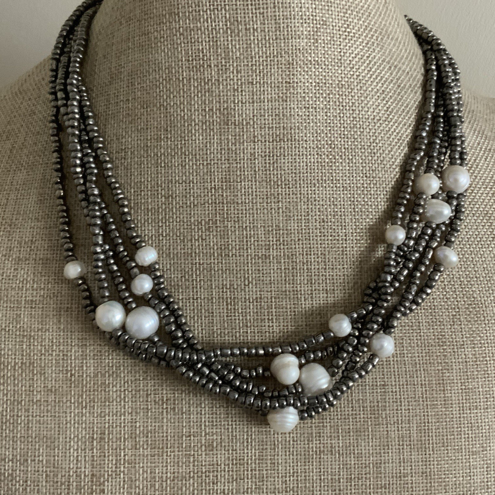 Signed Julea necklace gray glass seed beads and fresh water pearl necklace