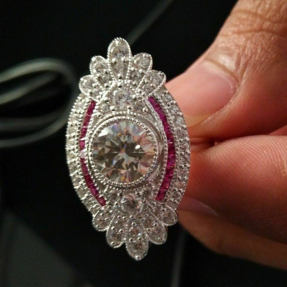 Round 3CT Lab Created Diamond Vintage Art Deco Red Ruby Accent Ring 14K Gold FN