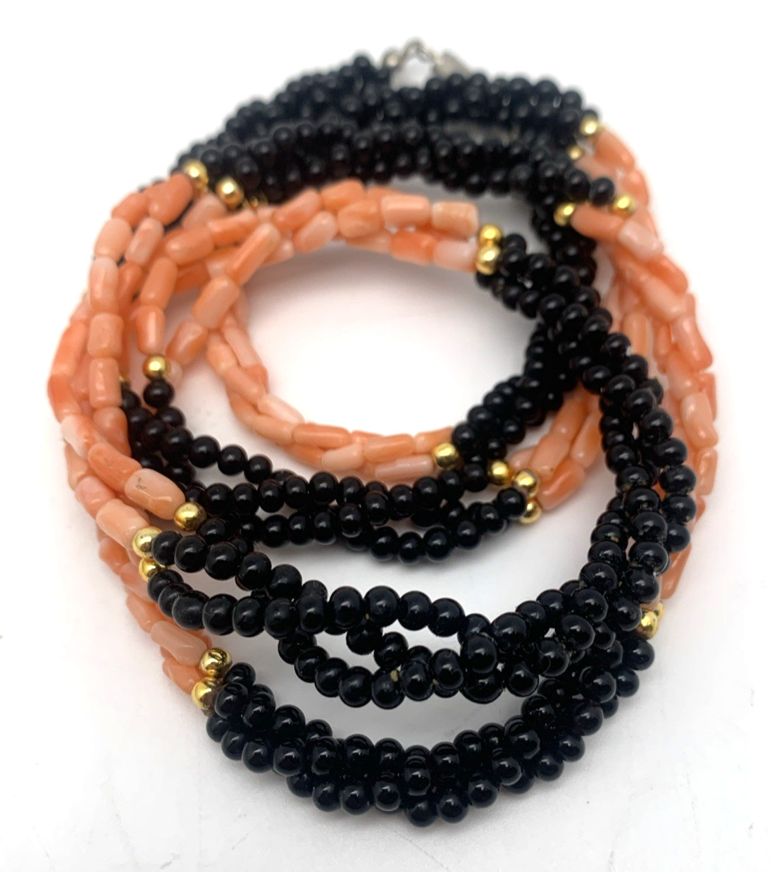 Vintage Twisted 3 Strand Coral & Onyx Beaded 30″ Necklace