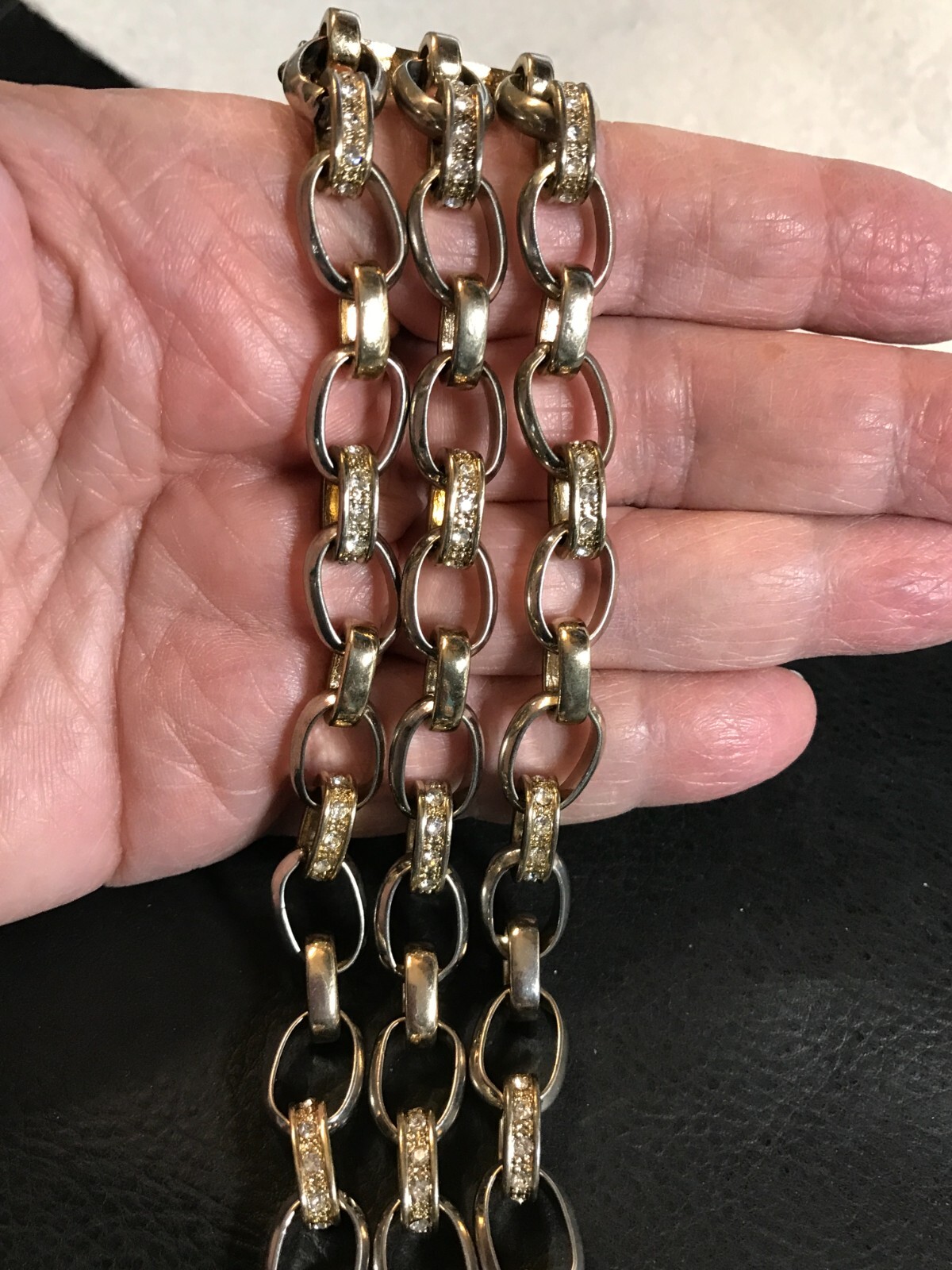Vintage 2-Tone 3-Strand Bracelet w/ Rhinestone Links & Magnetic Clasp w/ Safety