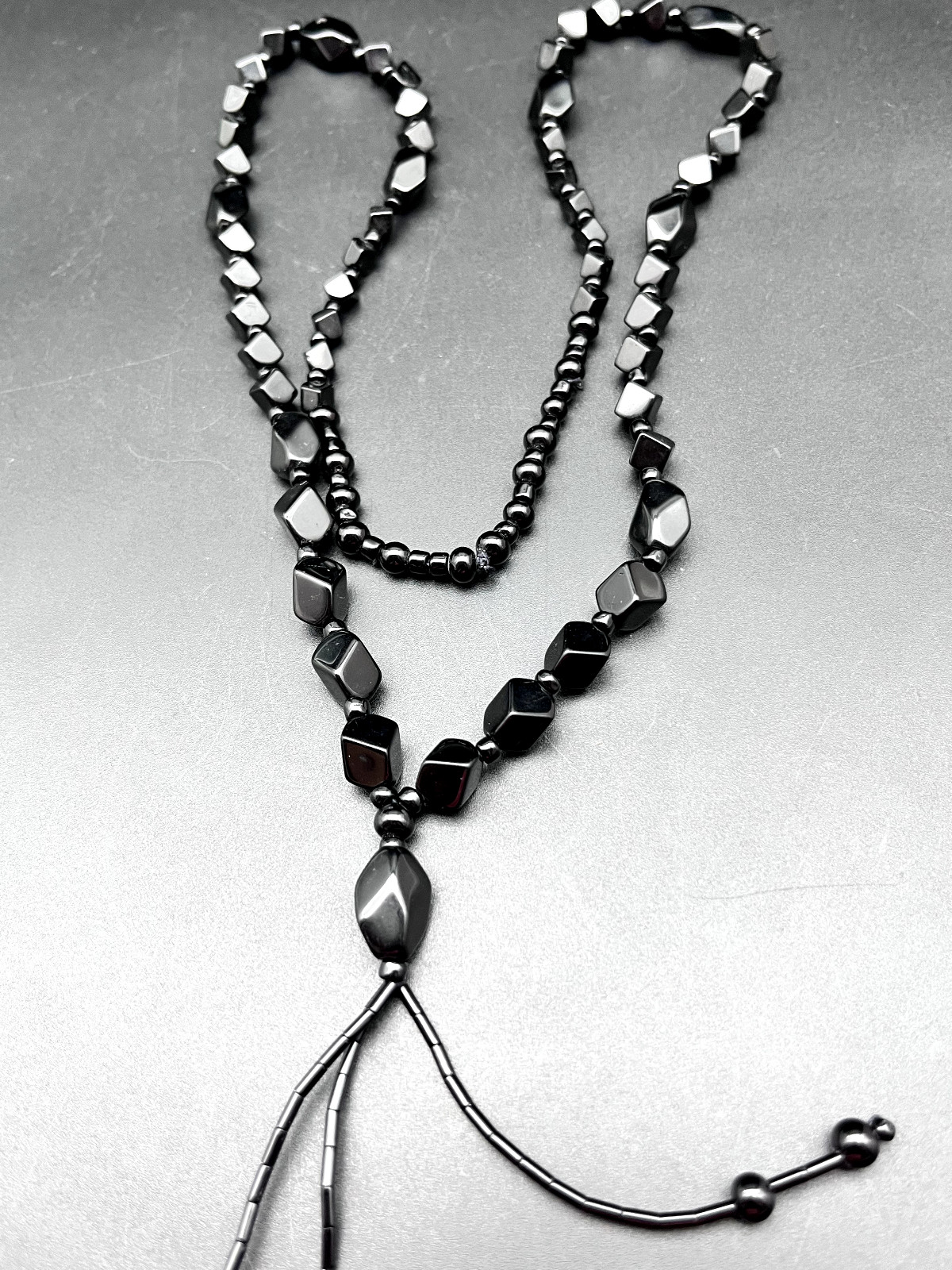 Vintage Long Cut Faceted Polished Black Glass Mourning Bead Tassel Necklace