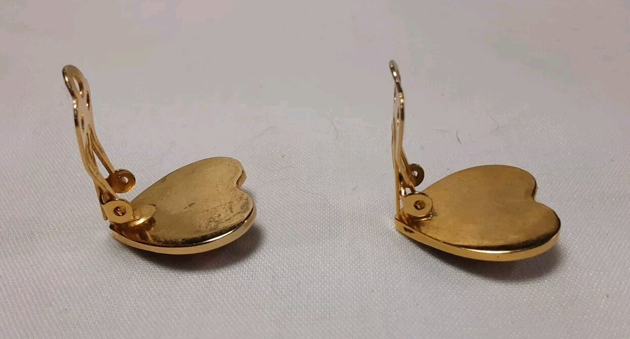 Earring Gold Tone Cloisonne Red Pink Blue Puff Heart Floral Butterfly Clip Vtg
