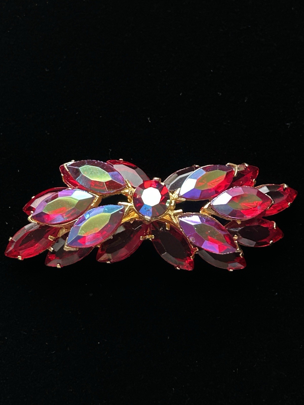Vintage Red AB Marquise Rhinestone Gold Tone Cluster Brooch Pin 21g