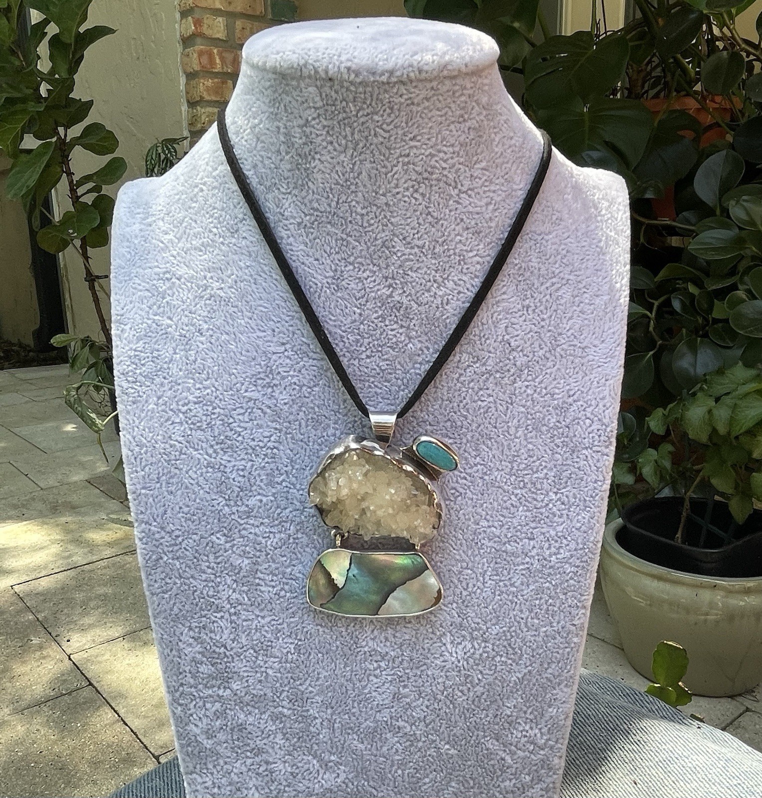 🎥Rock Crystal Rainbow Abalone Turquoise 2″ Pendant Brooch Mex Sterling Silver