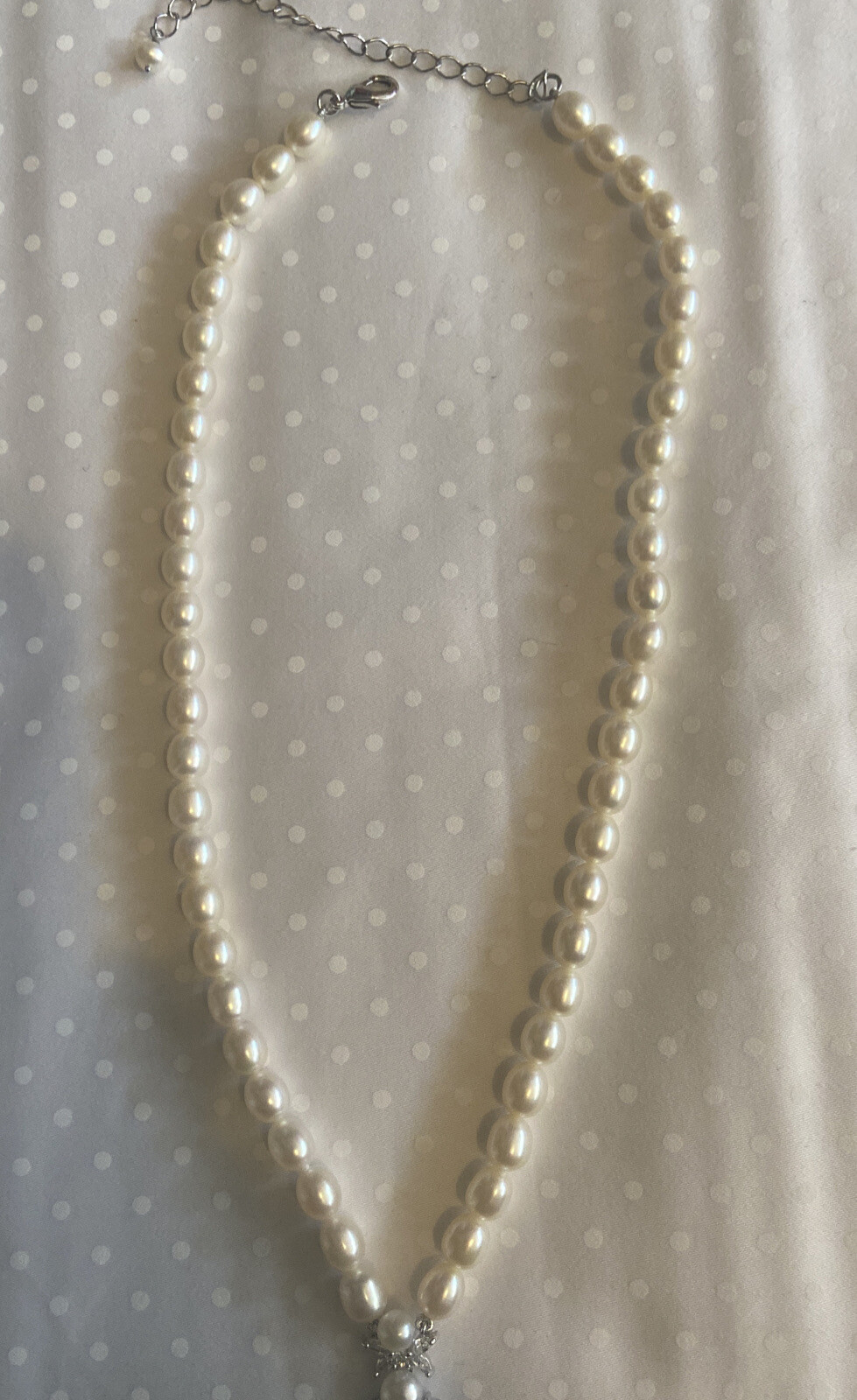 White Pearl Necklace With Cz Drop CGI CN STRAND Necklace 16″ 3 Extender