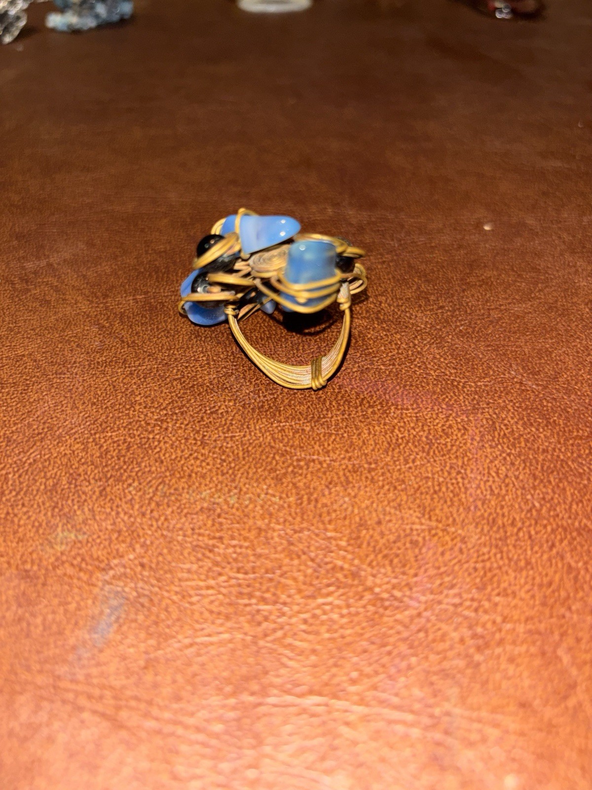 Vintage Paritcolari Italy Gold Wire Swirl Blue Glass Cabochon Statement Ring
