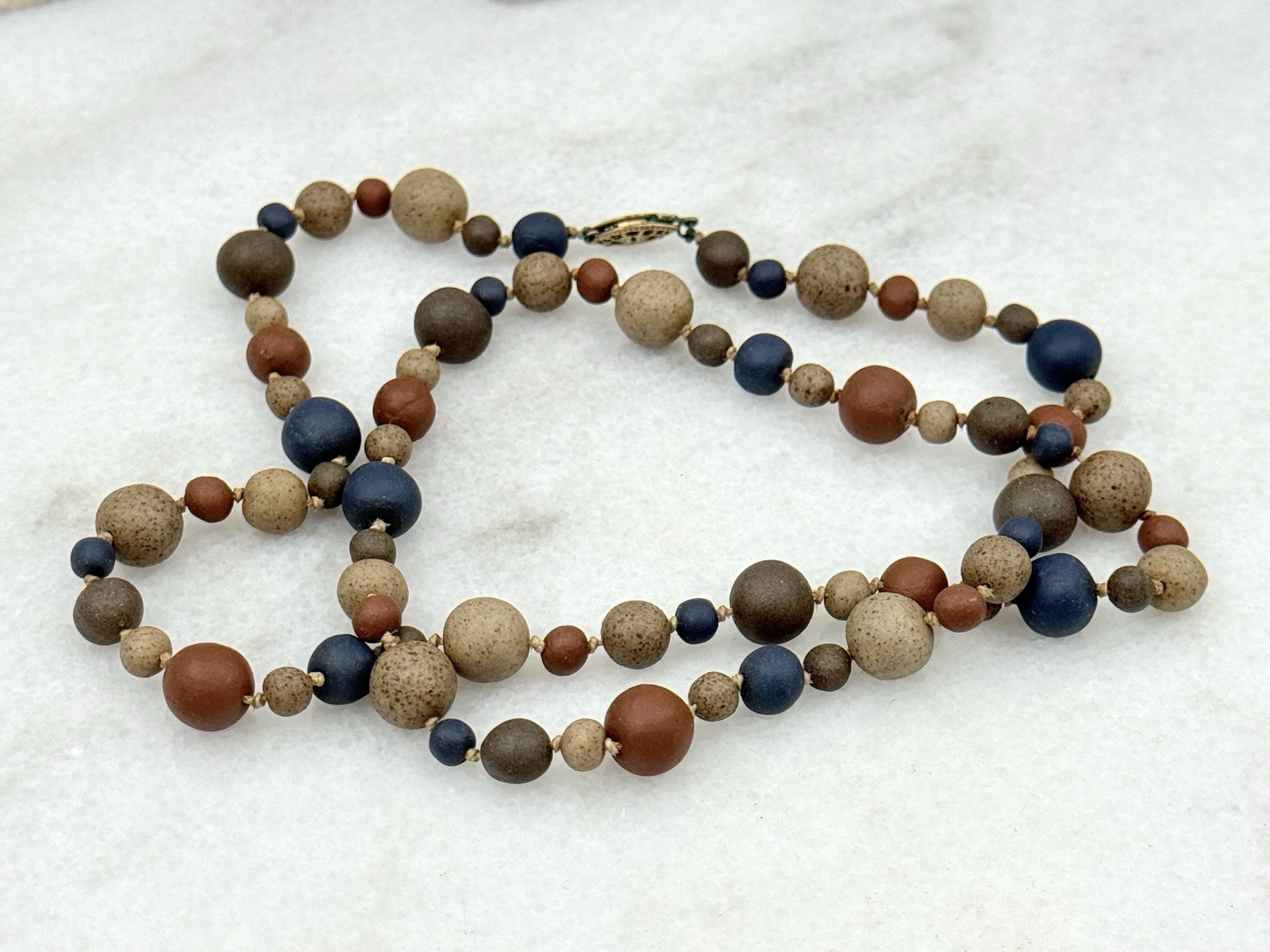 Vintage Handmade Clay Bead Necklace Earthy Pastel Boho Artisan Ceramic Beads 26”