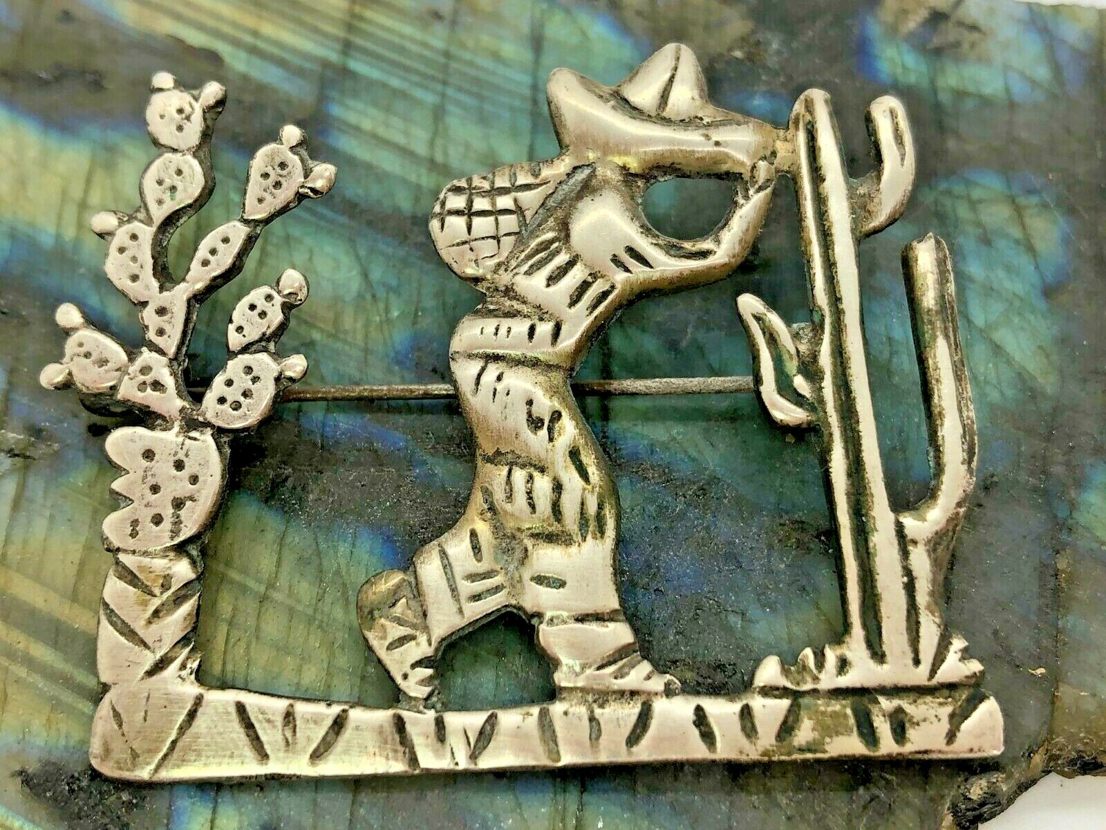 Mexico Vintage 800 Silver Person Walking with Cactus Brooch Pin 9 Grams