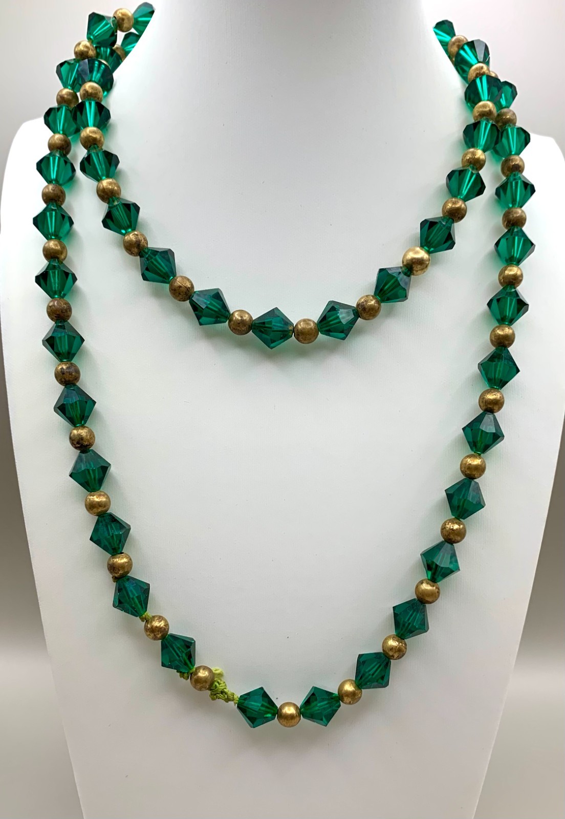Art Deco Glass Beads Necklace Evergreen Bicone Brass Beads Long 36″ READ