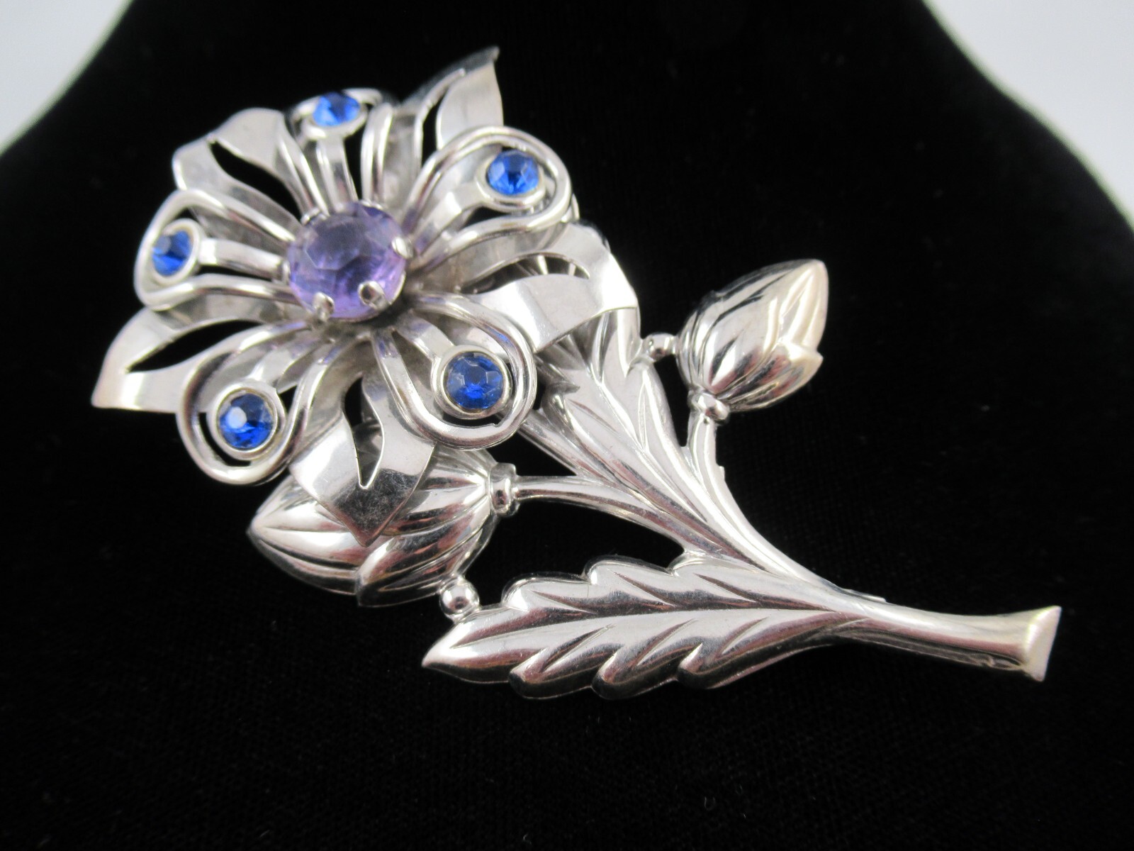 Vintage Purple/Blue Rhinestone on Silver Tone Stamped Metal Flower Brooch, Pin