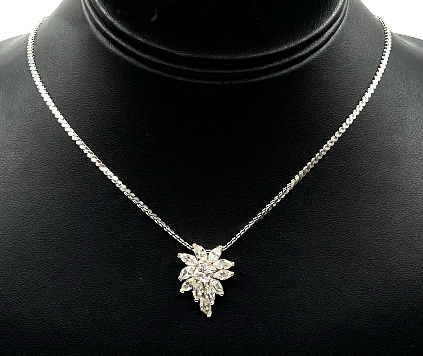 Vintage Sterling Silver CZ Flower Sparkling Pendant 1” Long
