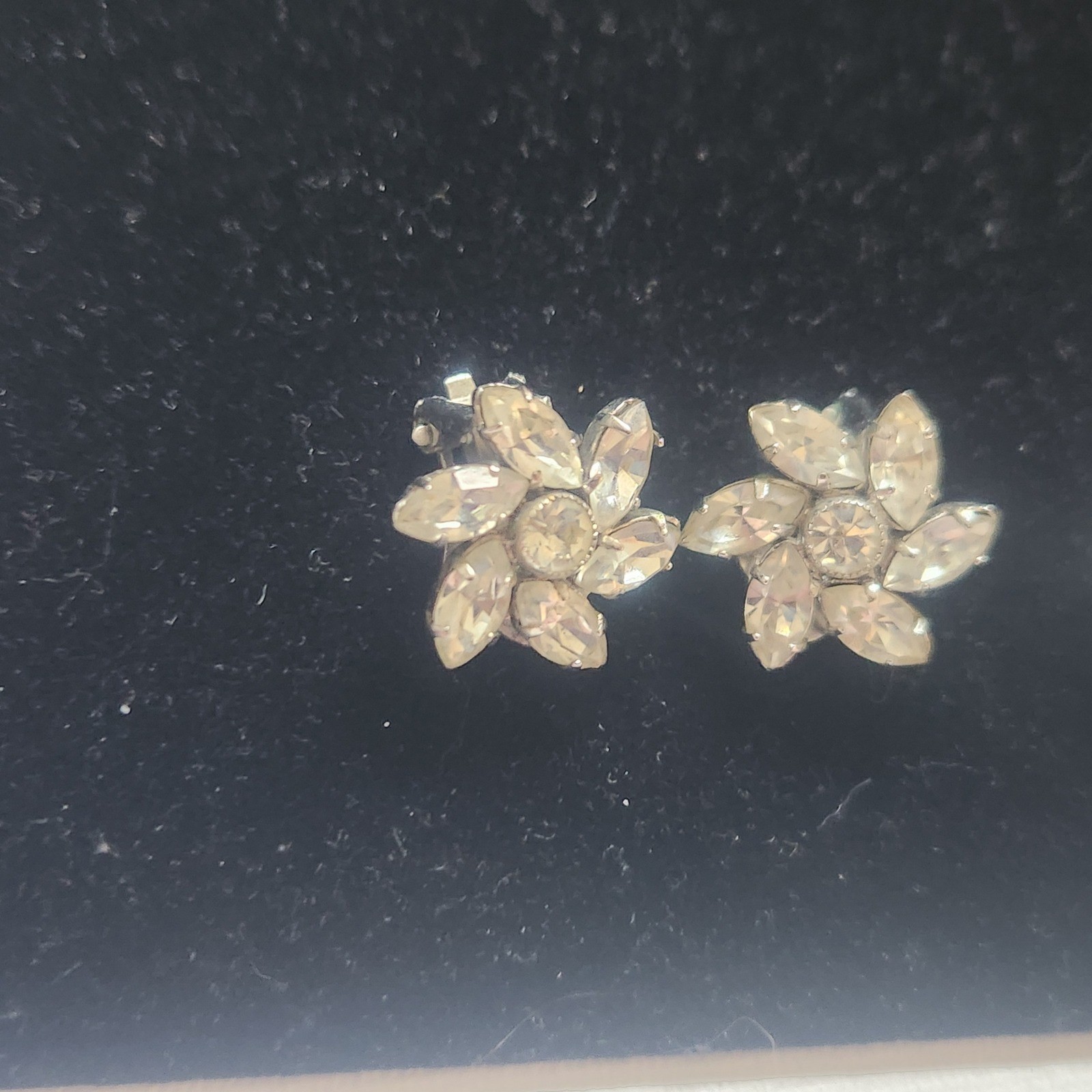 Vintage Rhinestone Brooch and Austria Clip On Earrings Set Silver Tone Floral