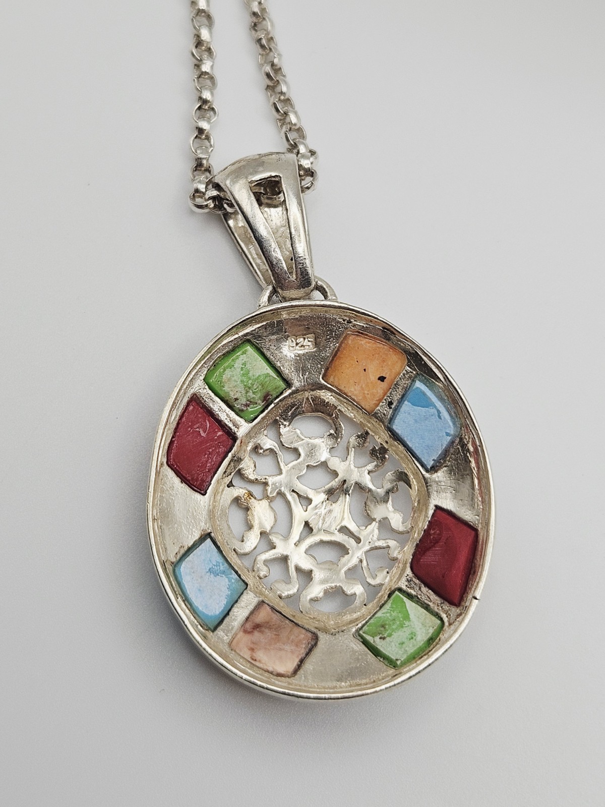 Sterling Silver Turquoise, Red Coral, Jasper & Marcasite Pendant Necklace 24″