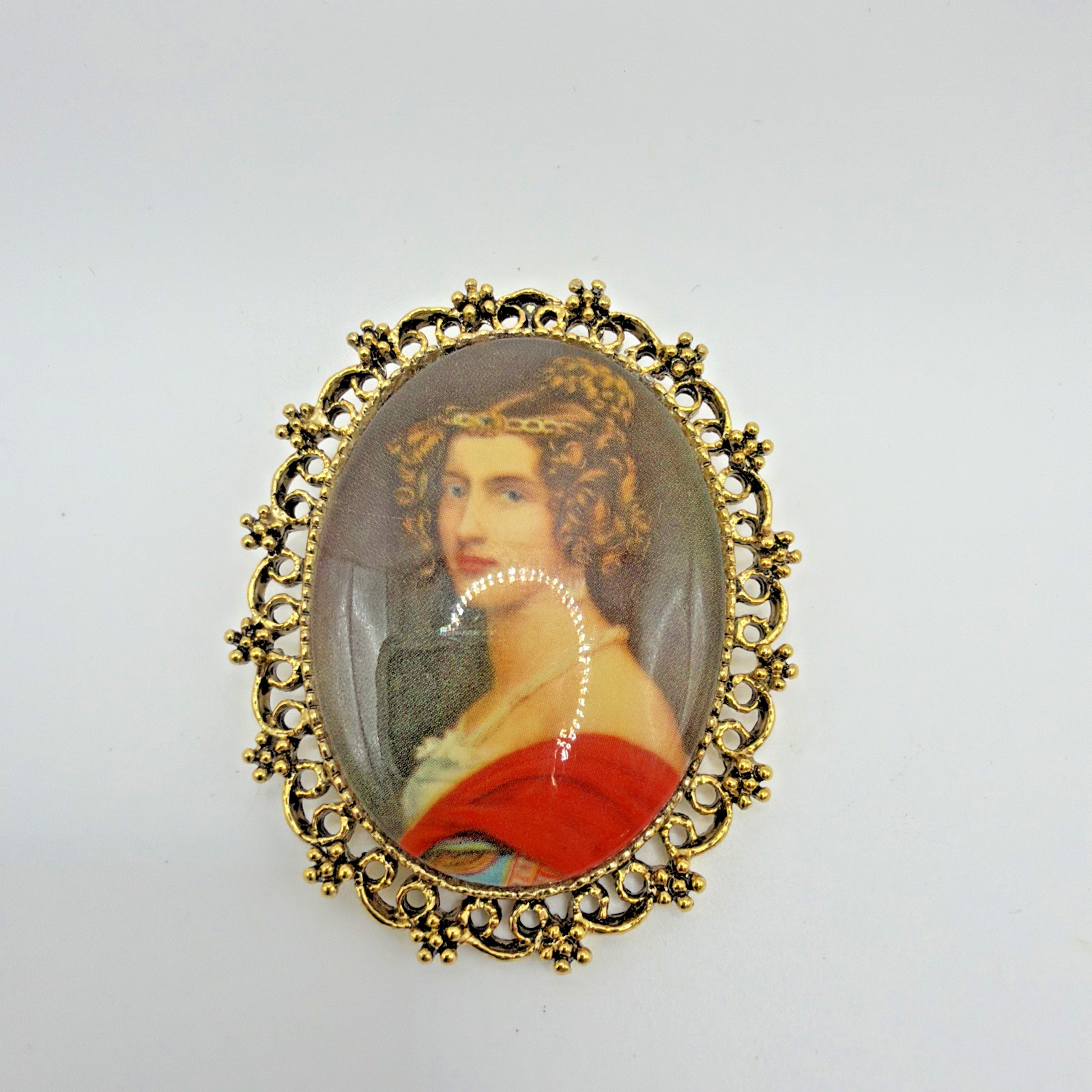 Victorian Portrait Brooch Pendant Gold Toned Transfer Print