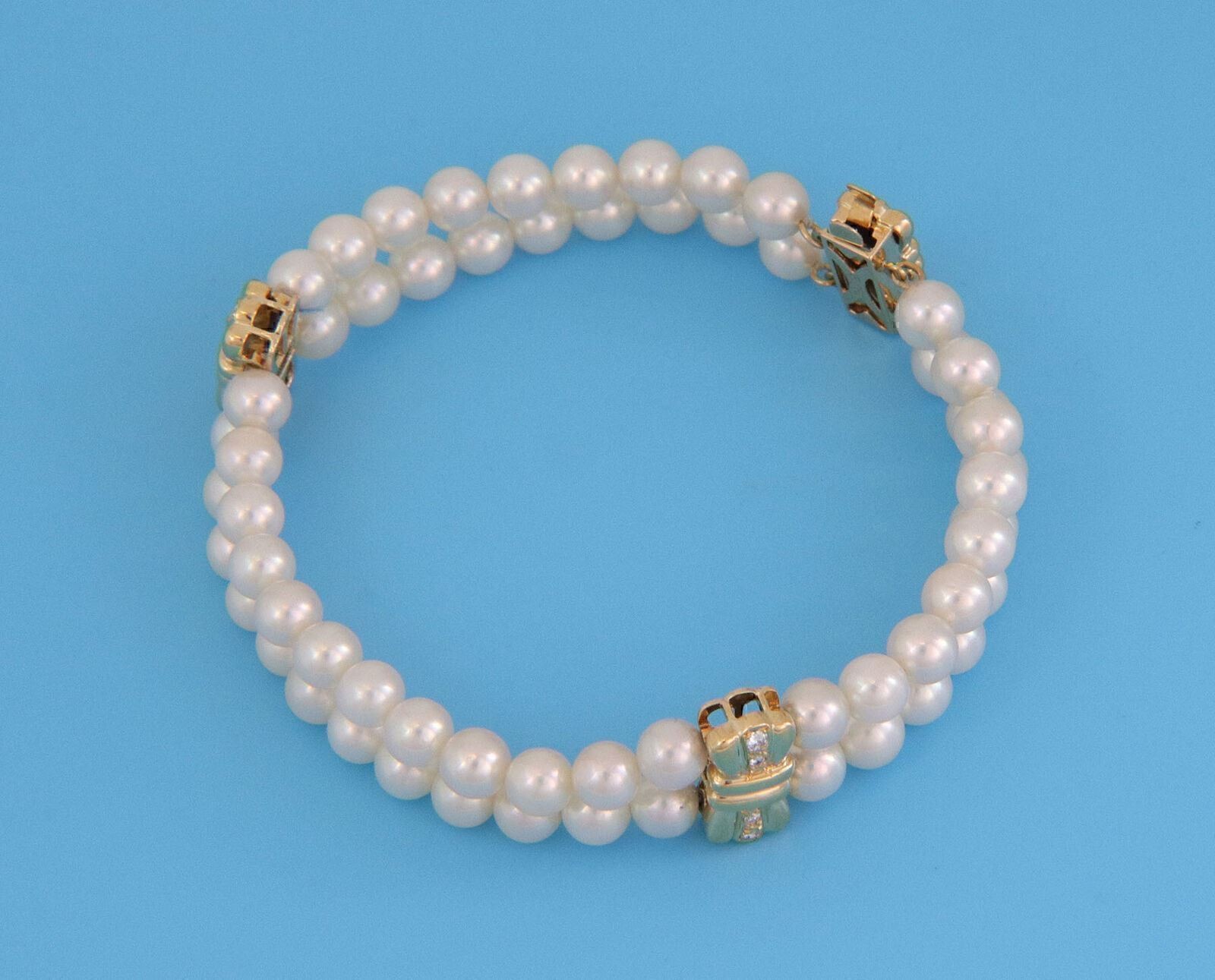 Mikimoto Pearl & Diamond 18k Yellow Gold Bow Motif Two Strand Bracelet