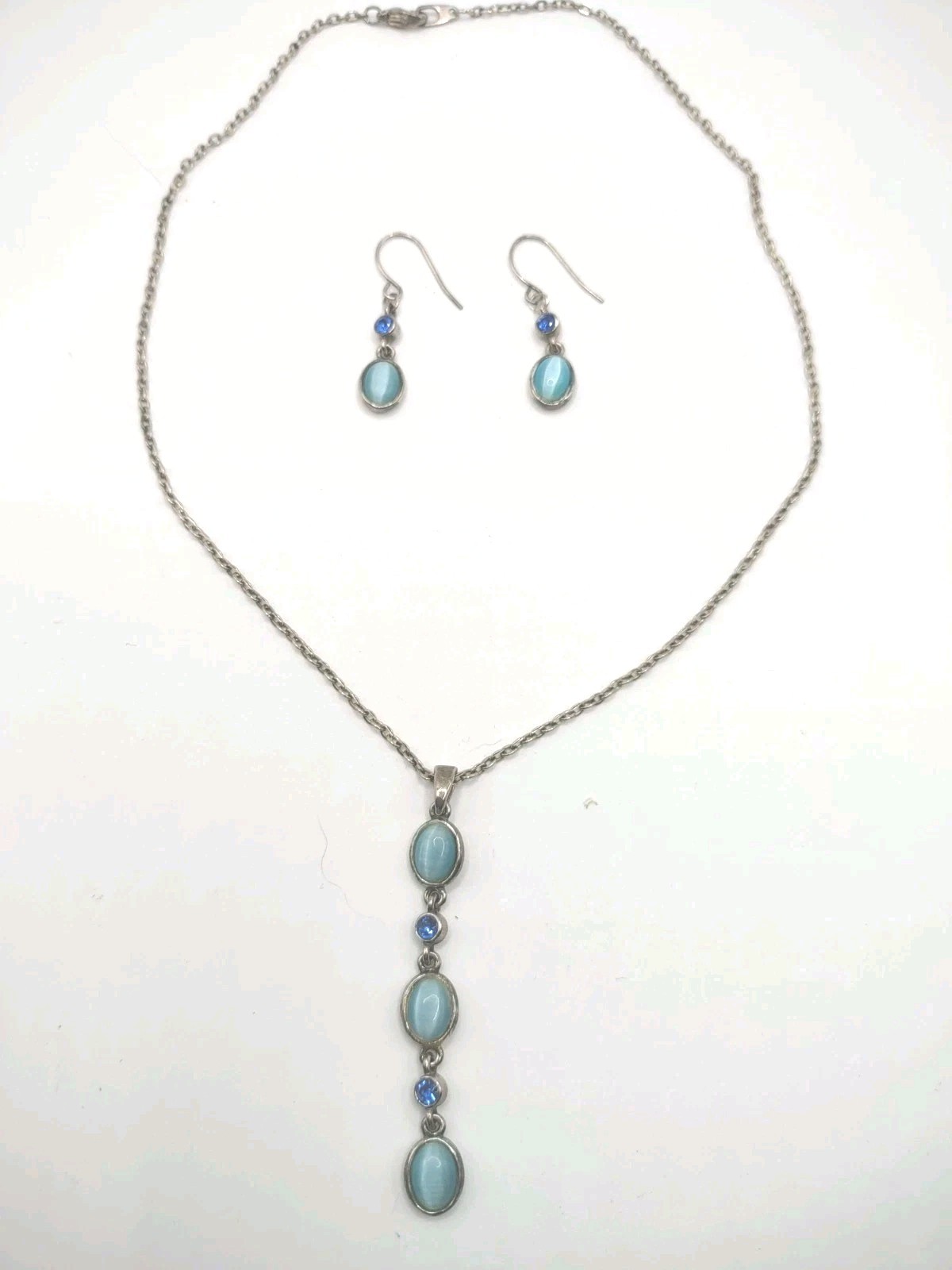 Silver Tone Necklace pierced Earrings blue Iridescent Stones Fashion Jewelry