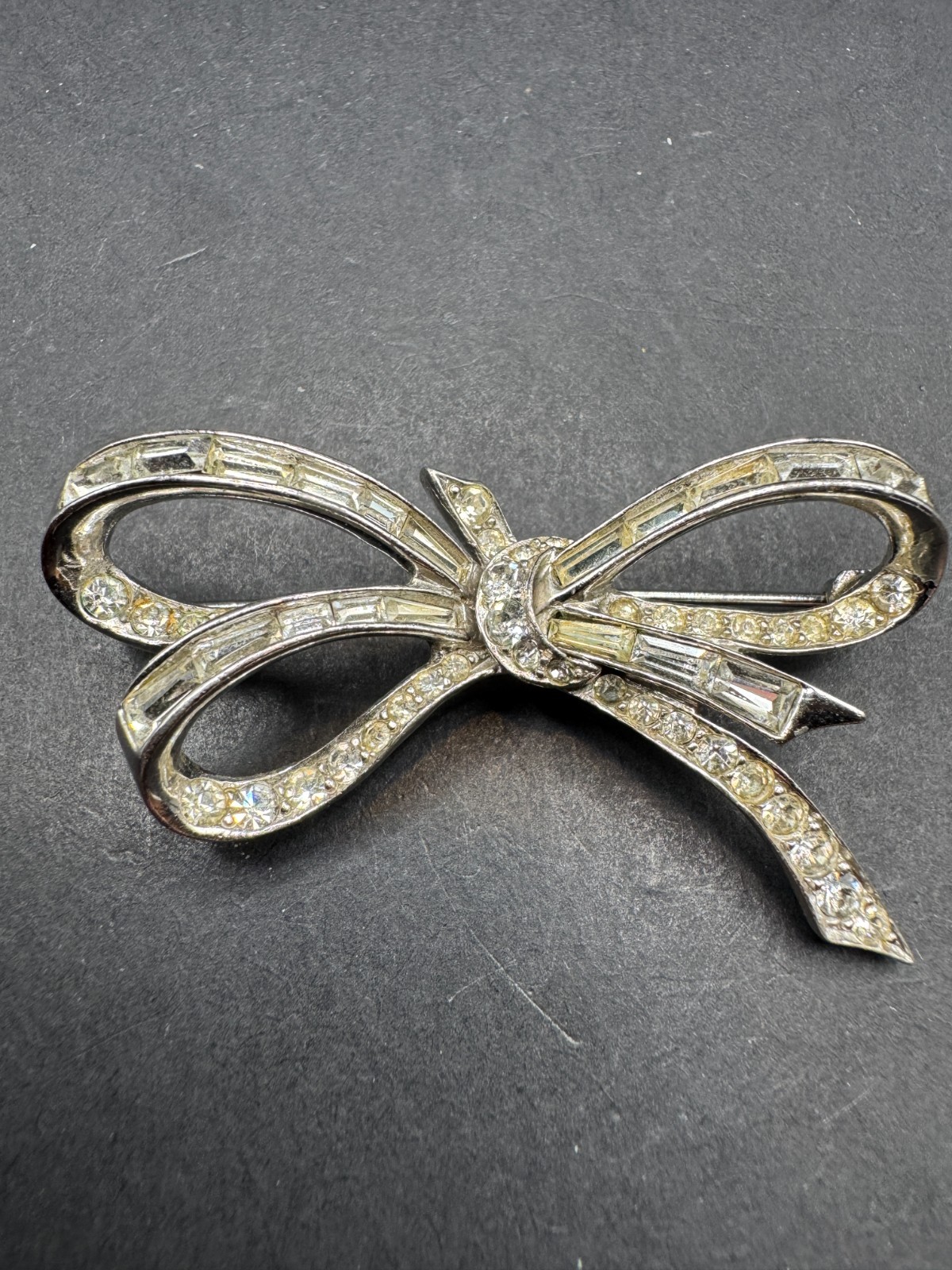 Vtg Marcel Boucher Bow Brooch Pin SIlver Tone Emerald Cut and Round Crystal 5266