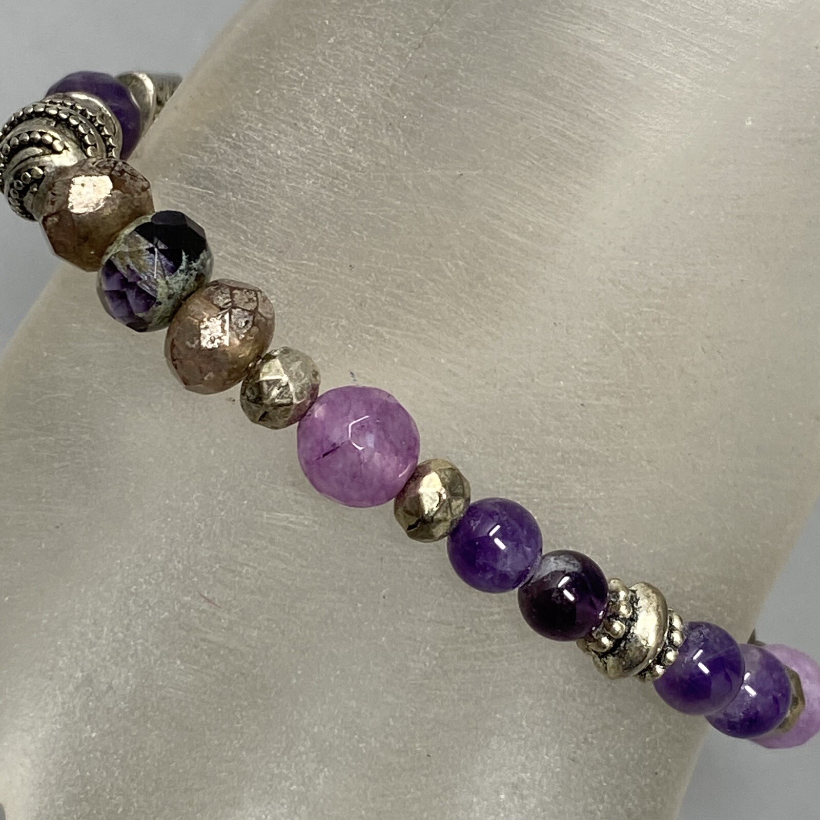 Amethyst Bracelet Purple Faceted Beads Picasso Czech Silver Tone Spacers Stretch