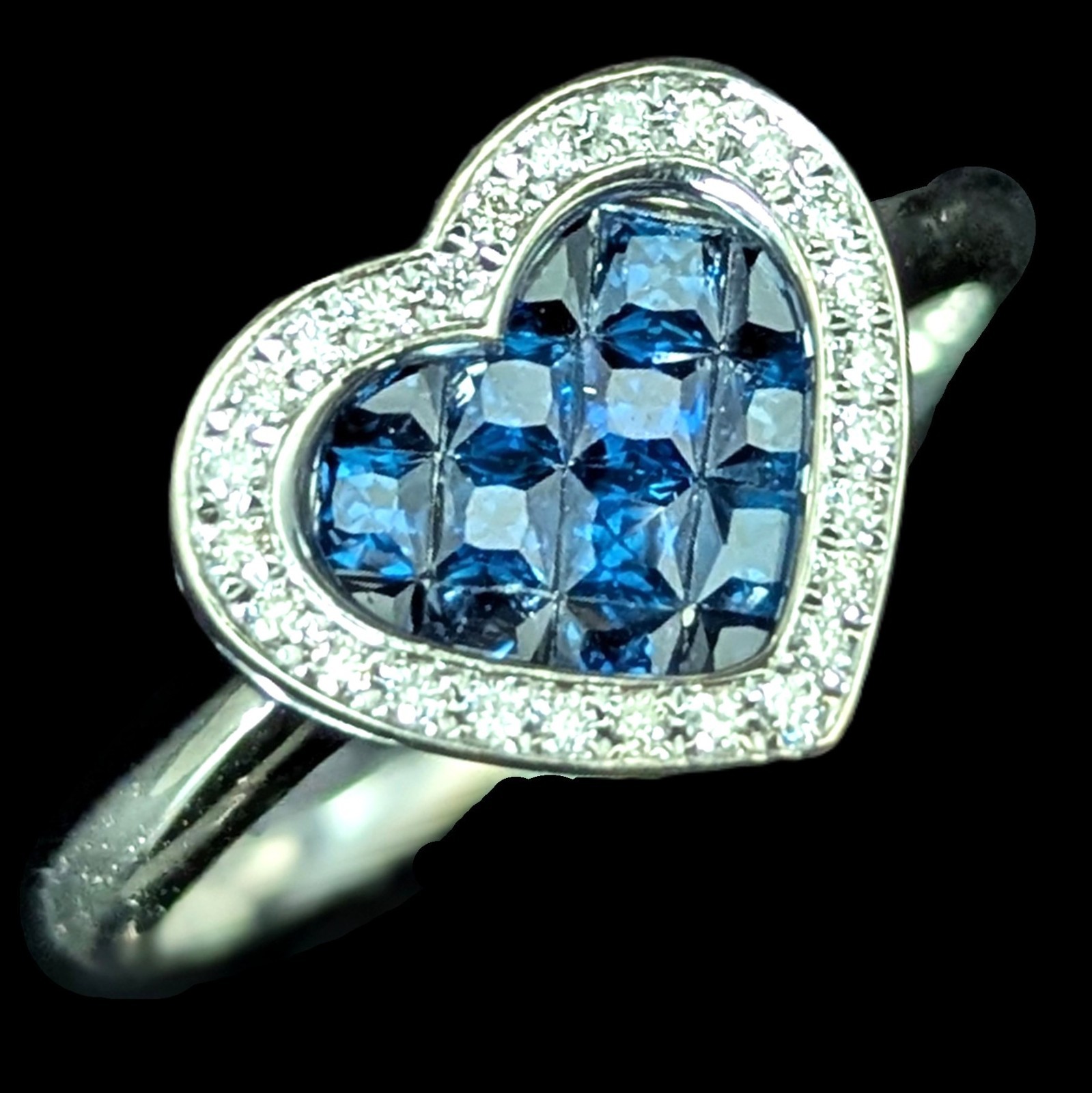 Estate Invisible Set Sapphires Diamonds 14k White Gold Heart Ring William Lam Co