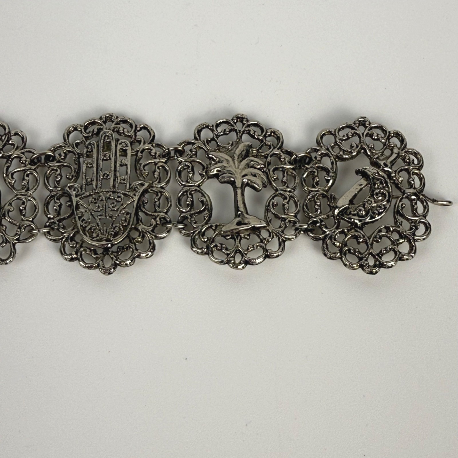 Vintage Silver-Tone Filigree Panel Bracelet De Maroc Morocco Boho Souvenir