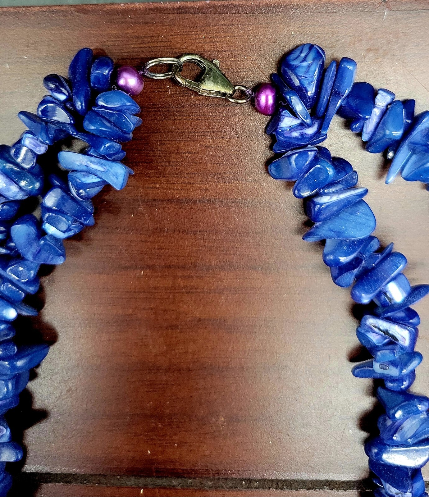 Double Strand Lapis Lazuli w/ Sterling Silver & Abalone Shell Pendant 16″