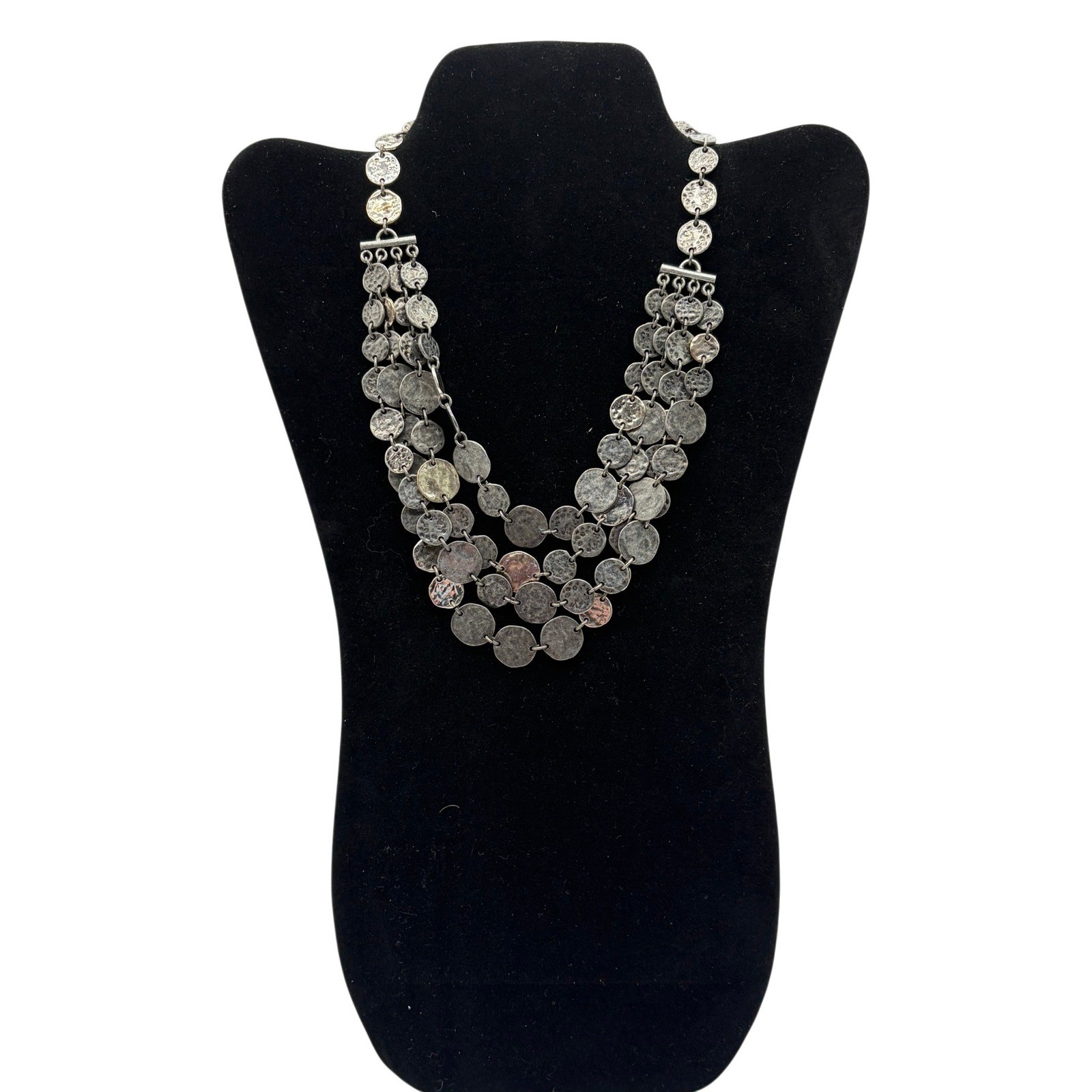 Vintage Metal Coin Disc Bib Necklace Silver Tone Multi Strand Choker 15 Inch