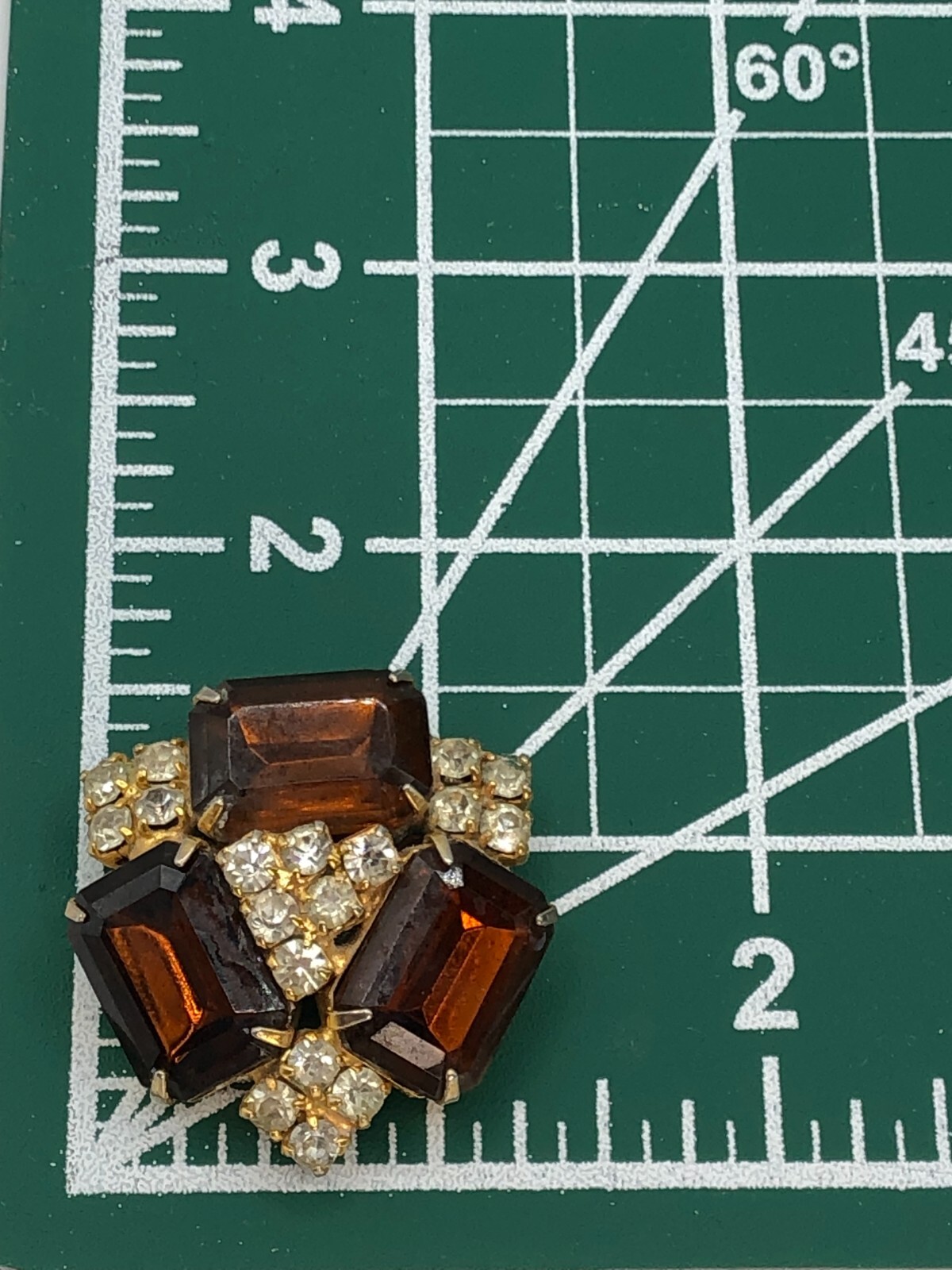 Vintage Gold Tone Amber Emerald Cut and Round Clear Rhinestone Brooch