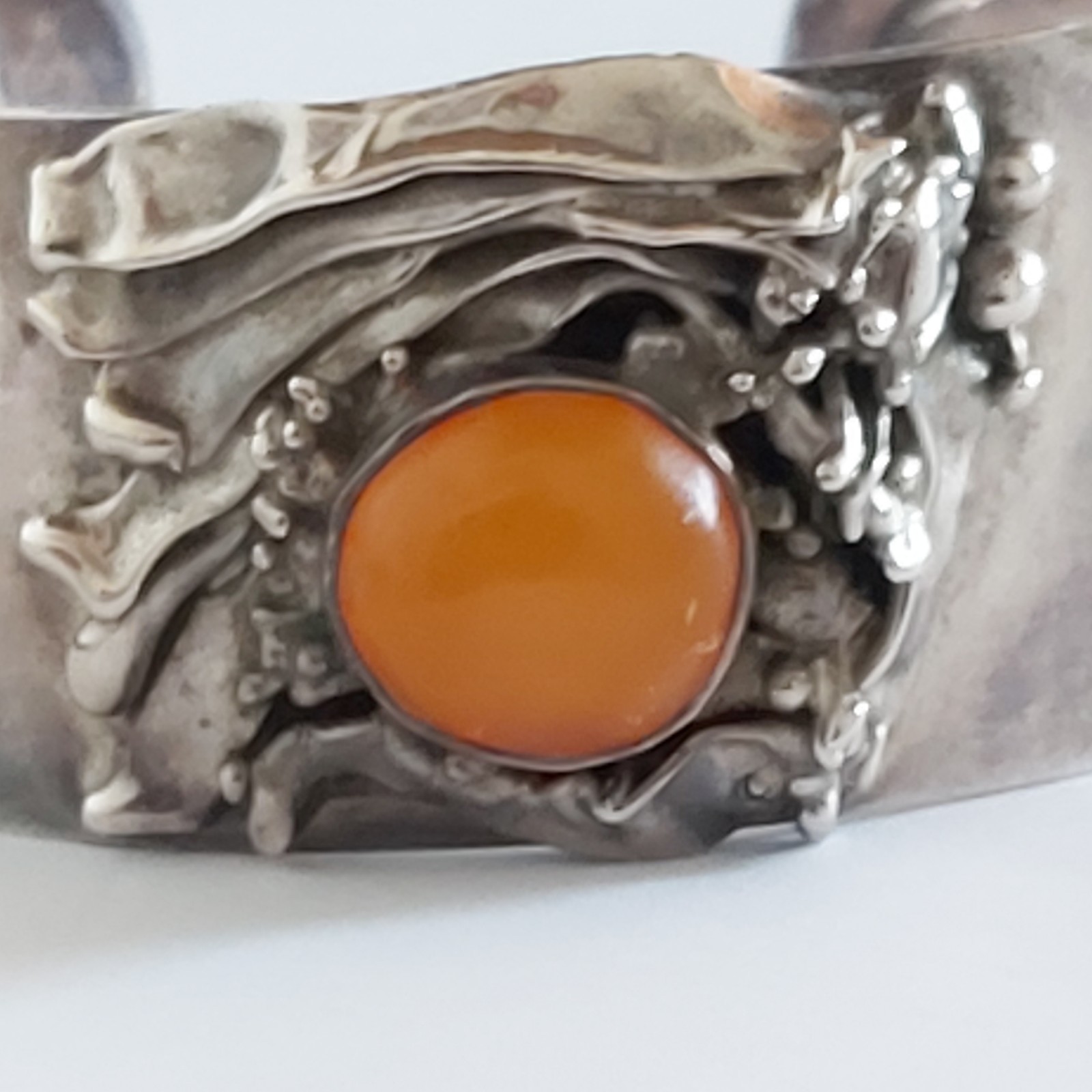 Antique Art Deco Sterling Silver Cuff Bracelet Original Design 3 Amber Inserts