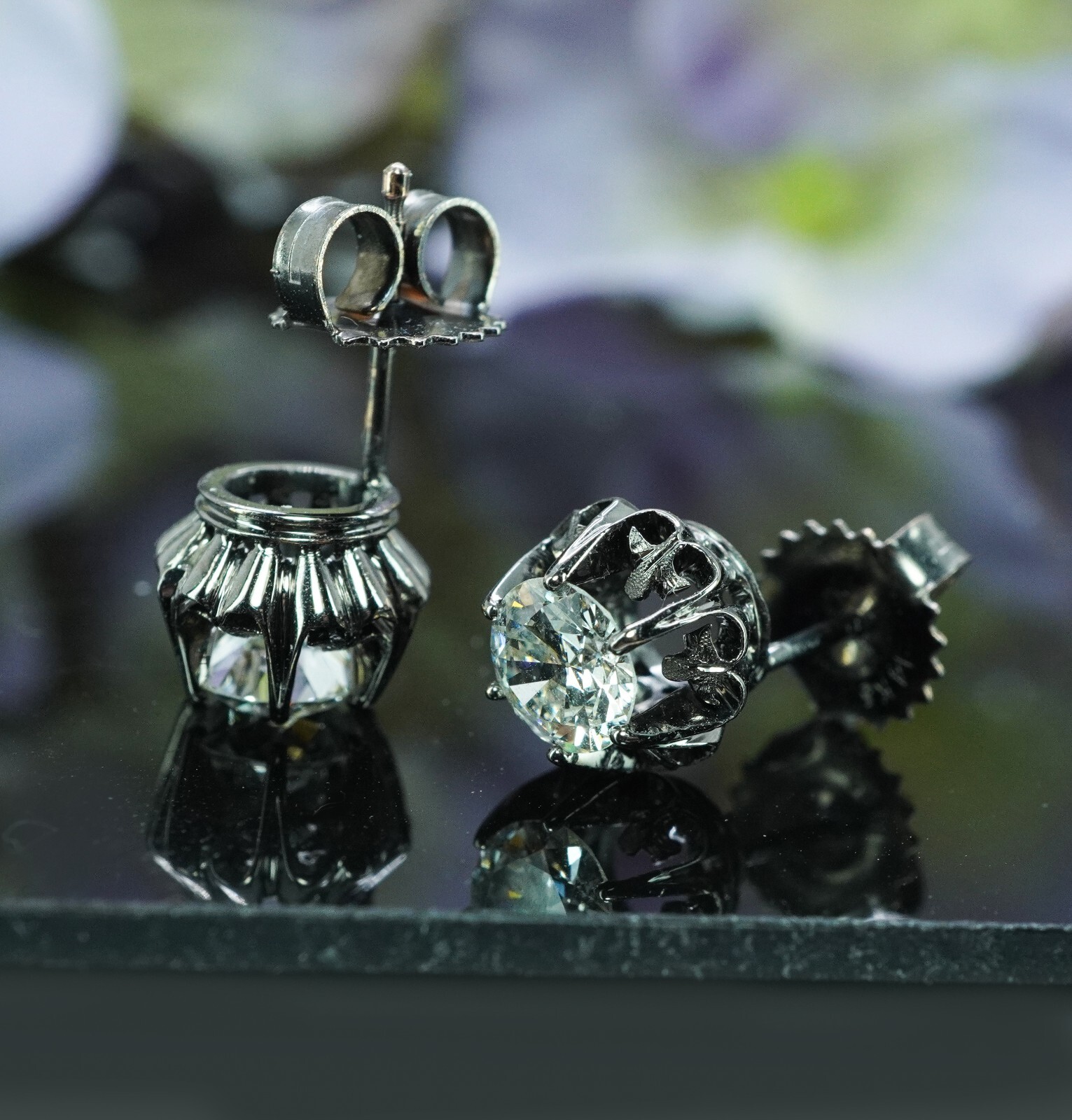 Antique Old European cut Diamond Stud Solitaire Earrings 14K Gold 1.1ct