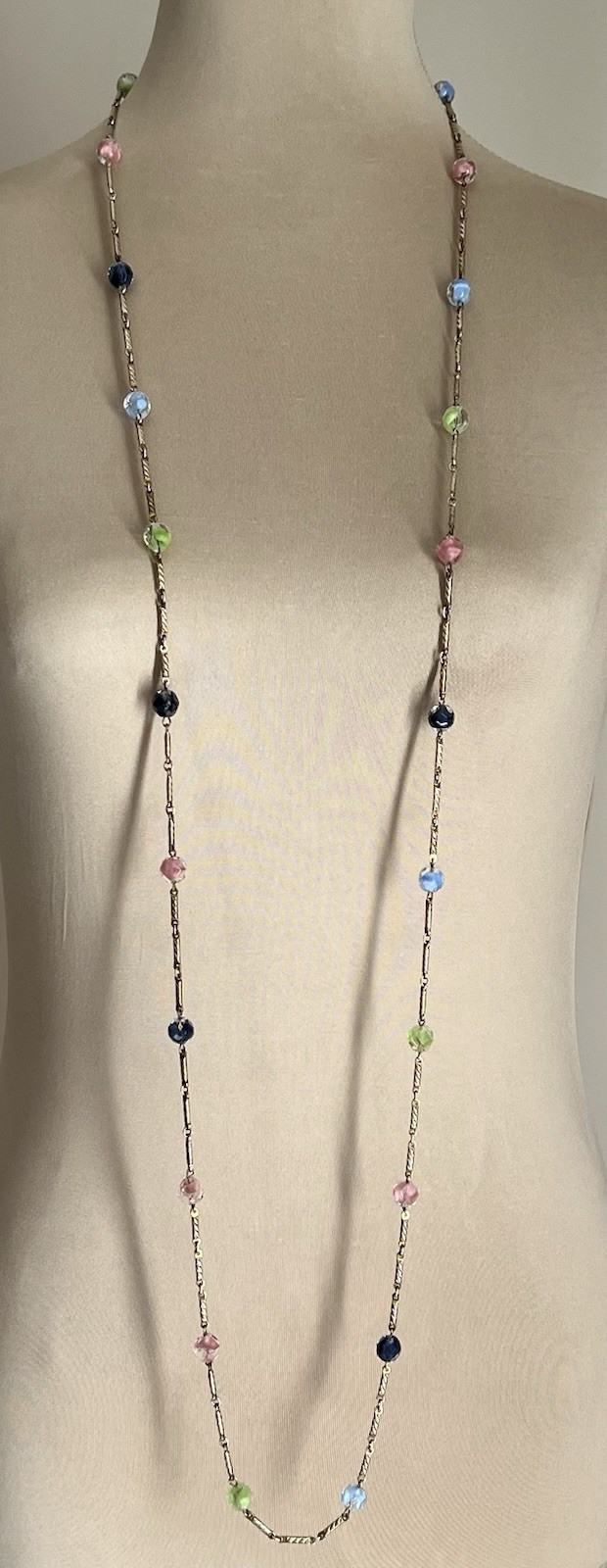 Vintage Gold Tone Textured Bar Link Chain 54” Long Multicolored Station Necklace
