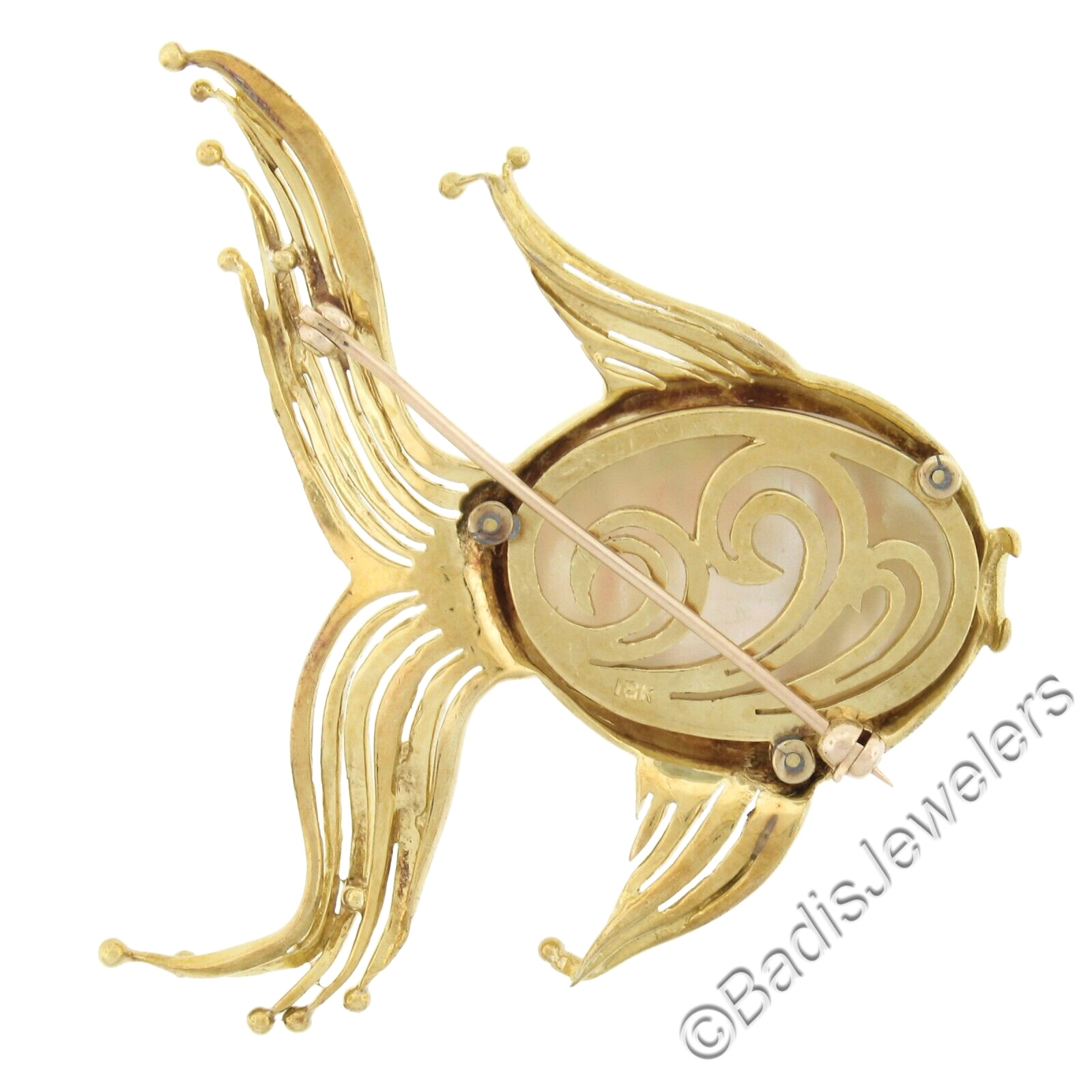 Gold Mabe Pearl & Turquoise Free Form Textured Detailed Fish Pin Brooch