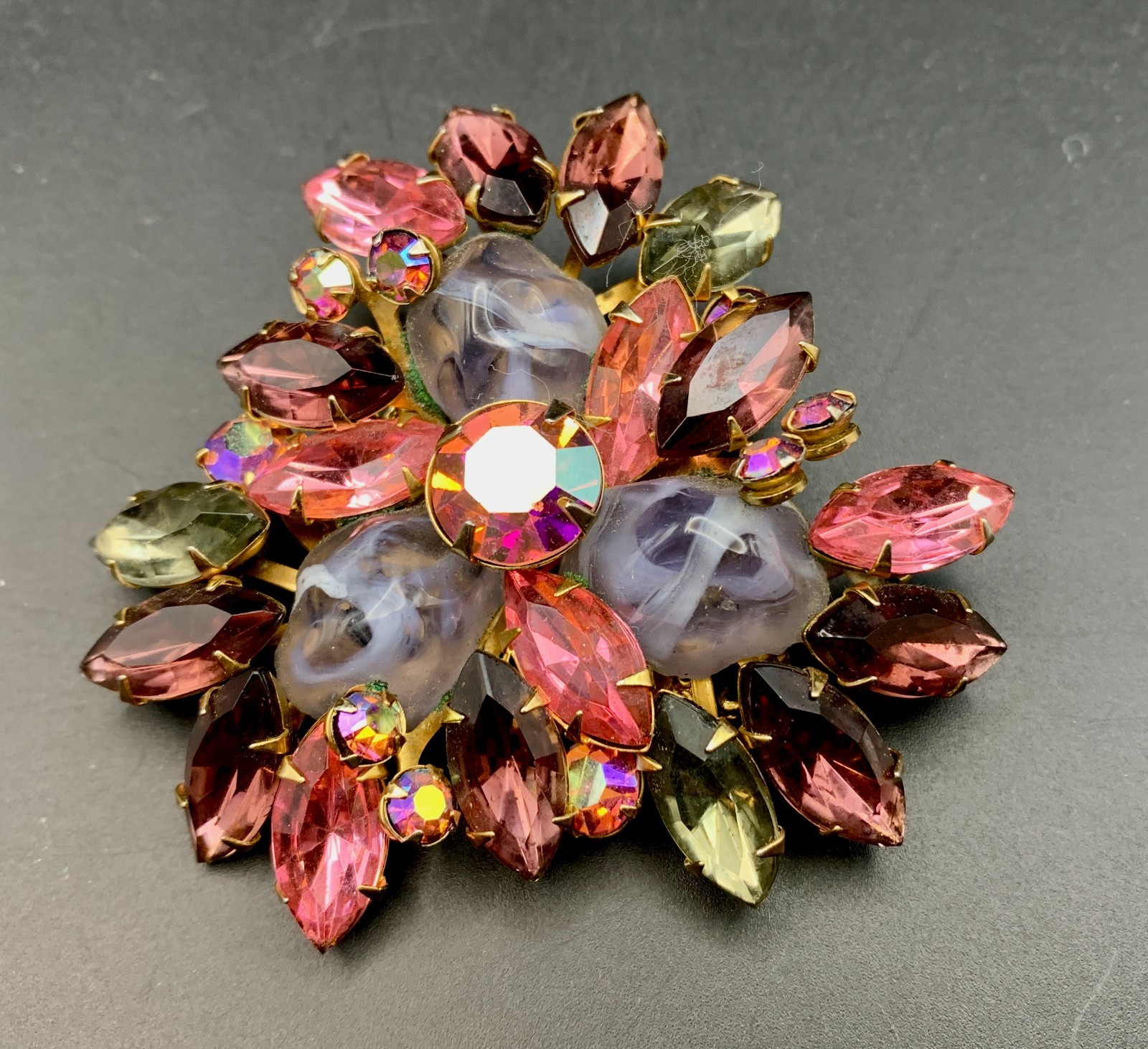 Vintage Beau Jewels Brooch Pink Purple AB Rhinestone Gripoix Glass Unsigned