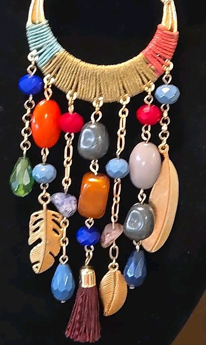 VTG 18″ Boho Necklace Statement Tribal Design Multicolor Beads Feather Tassel