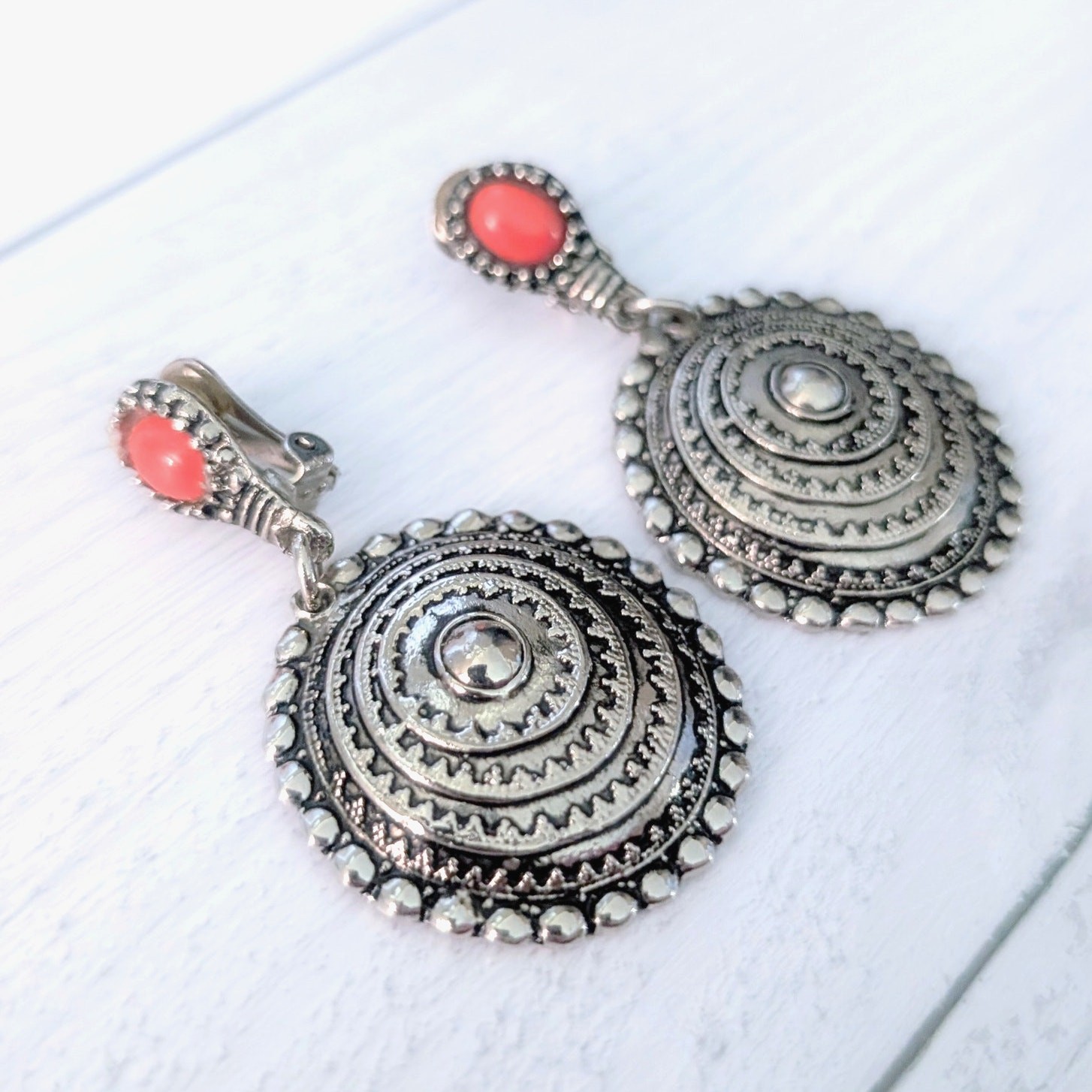 Vintage Clip On Earrings Very Large Silver with Orangey Red Accent Dangle