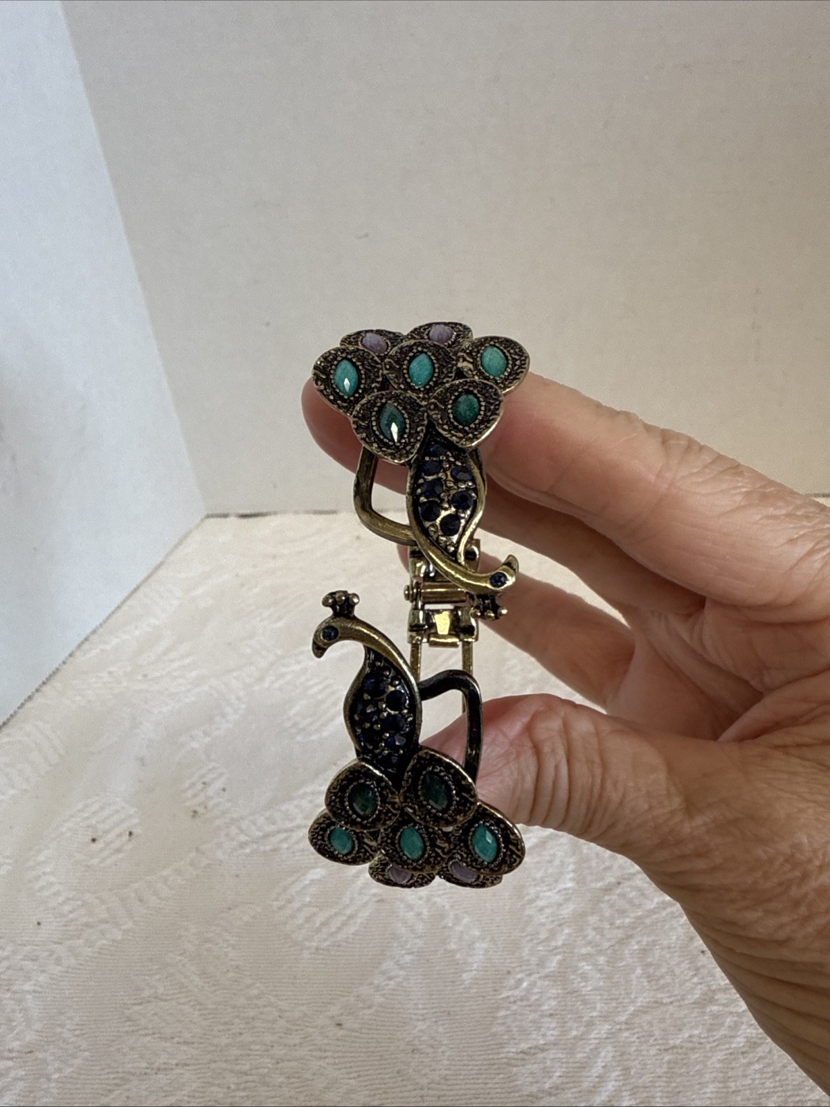 Vtg Peacock Bracelet Gold Green/ Purple Hinged Opens Front