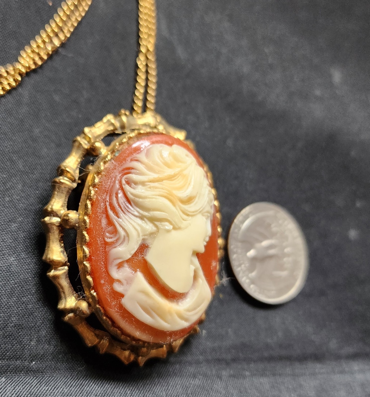 Vintage Salmon Color Lady Head Cameo Necklace Pendant Brooch Pin Beautiful NOS