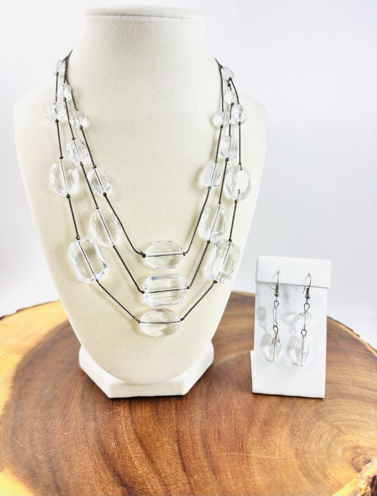 Robert Rose Necklace Clear Silver Tone Acrylic Multi Strand 80s