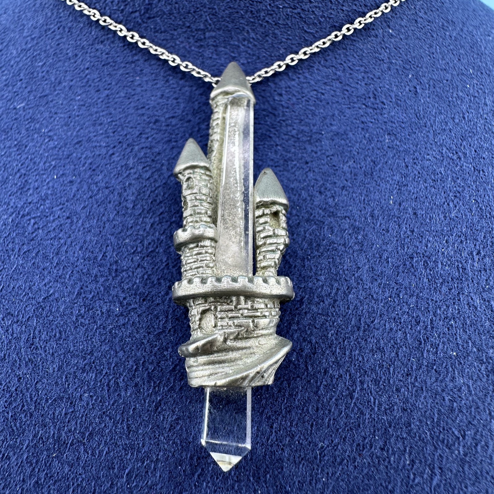 Vintage Quartz Crystal Castle Pendant Necklace Pewter Silver Tone Fantasy Signed