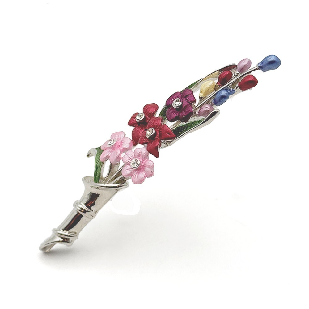 Vintage Floral Bouquet Brooch Pin Silver Tone Pink Red Purple Flowers Unsigned