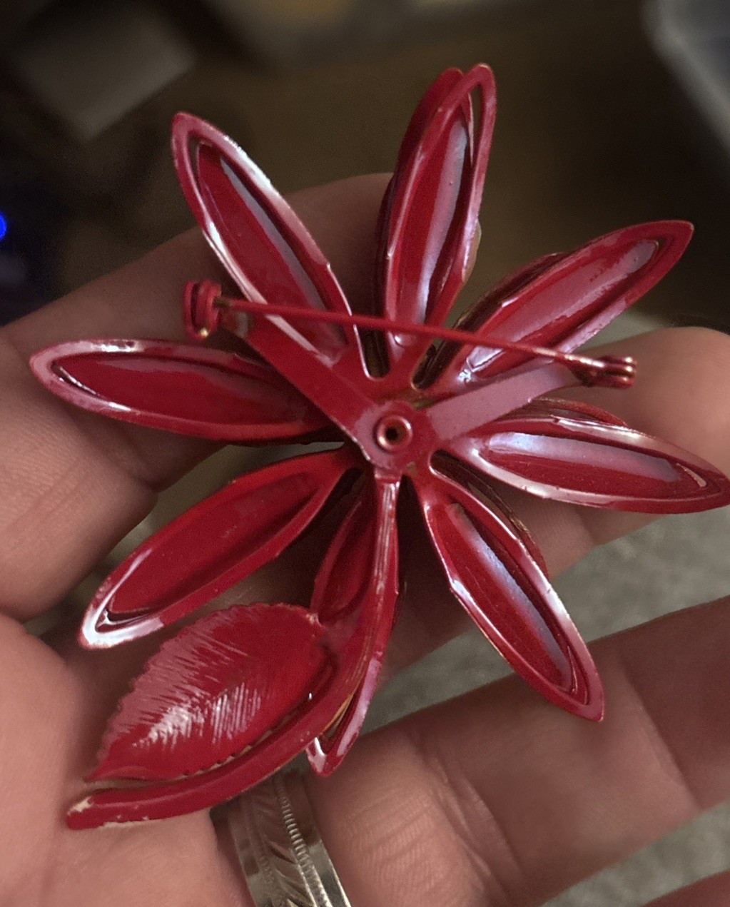 VTG 60s Large Red Iridescent Enamel Flower Ab Rhinestone Leaves Brooch