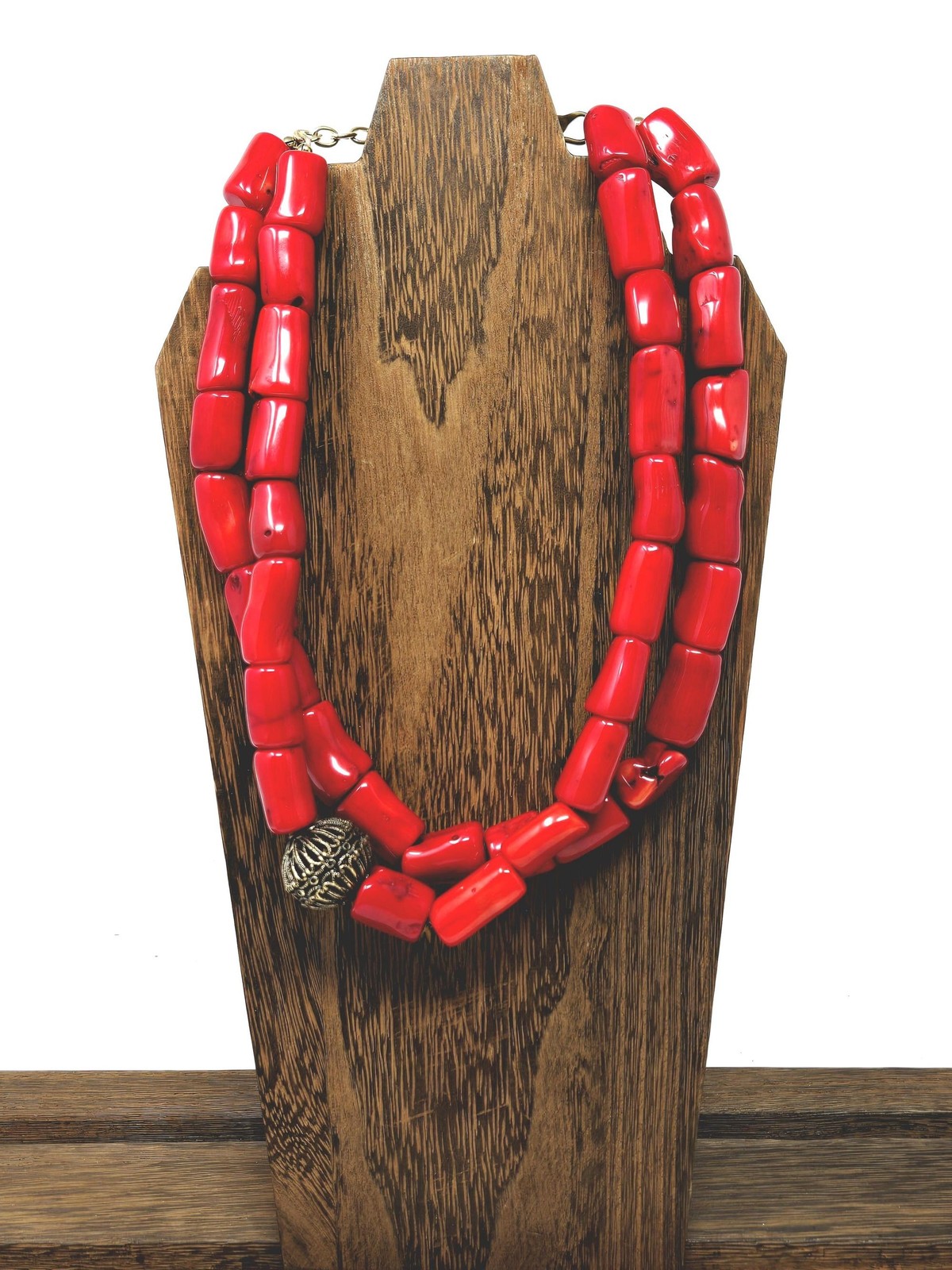 Barse Genuine Sea Bamboo Red Coral Double Strand Statement Necklace Southwestern