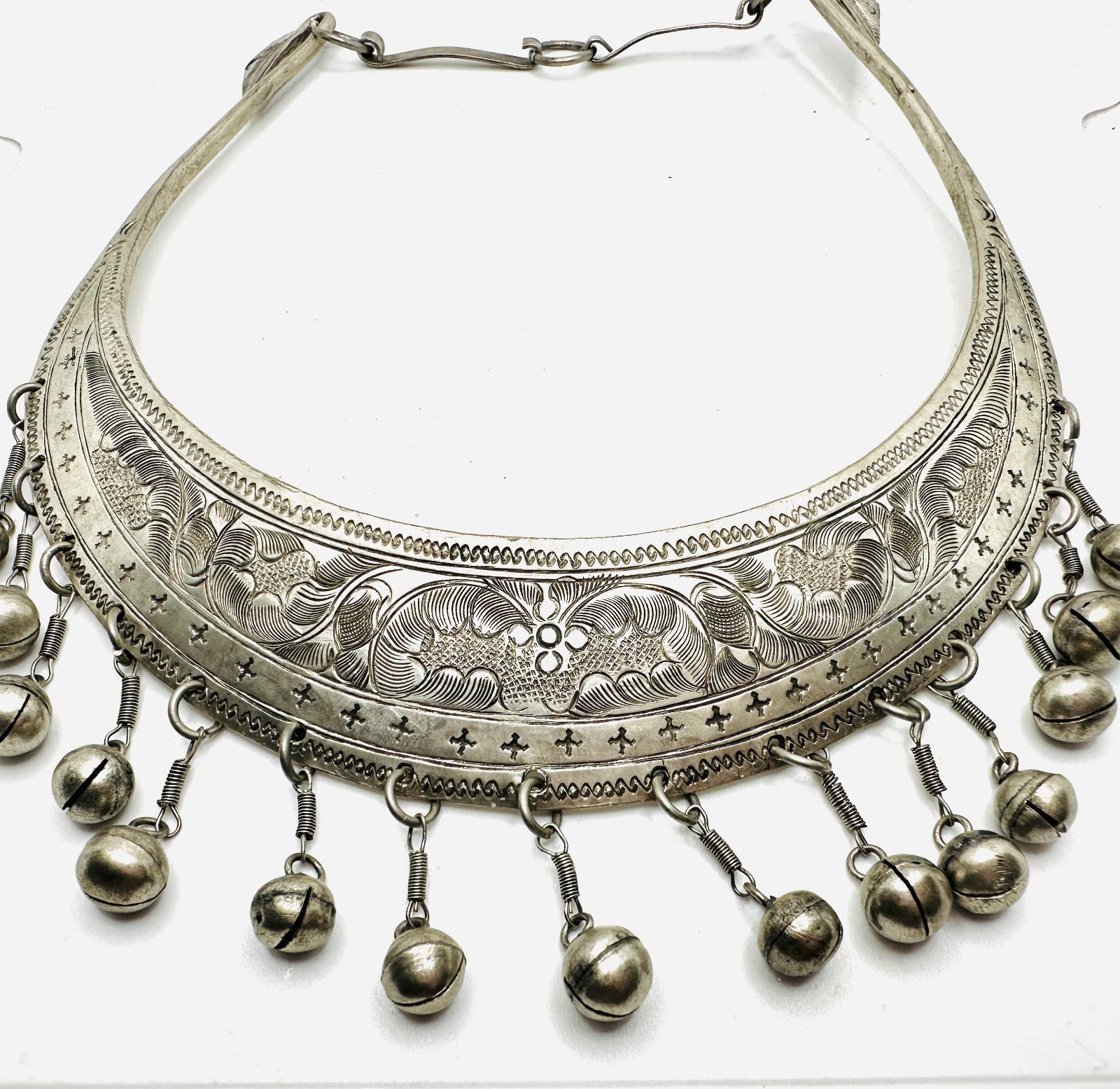 Vintage Miao Hmong Silver Ceremonial Necklace w Dangles, Etching