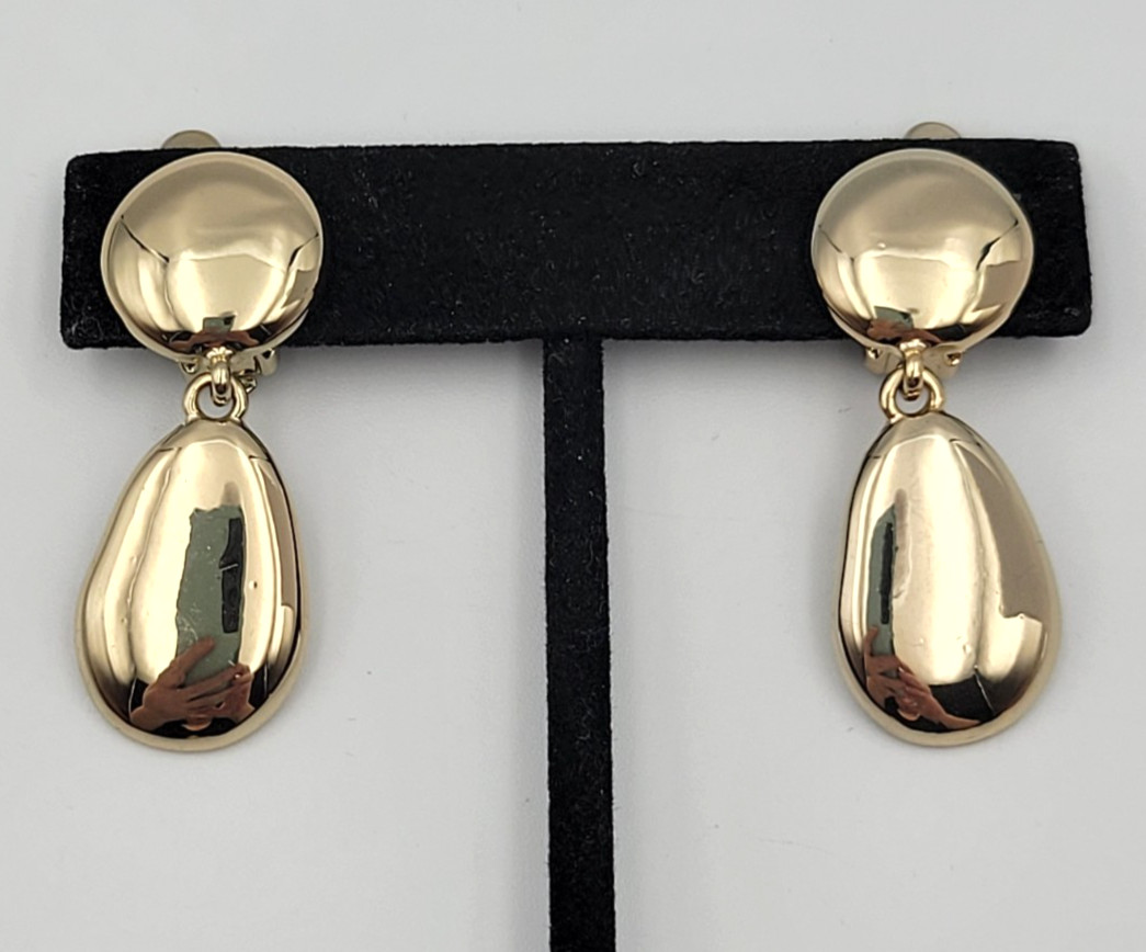 Lot of 2 Gold Tone Dangle Drop Clip on Earring Black Enamel Door Knocker Classic