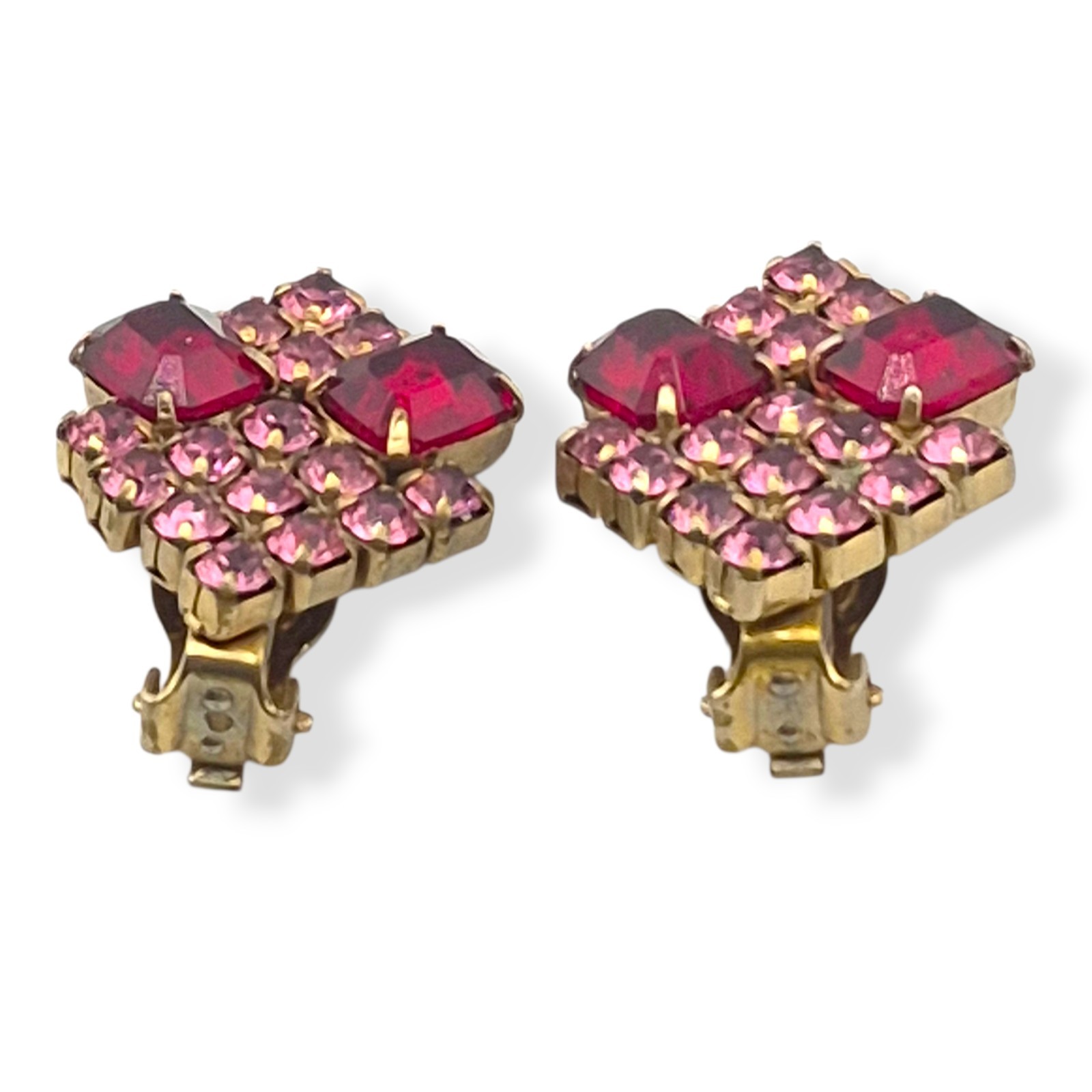 Stunning Fuchsia & Red Emerald Cut Rhinestone Cluster Clip On Vintage Earrings