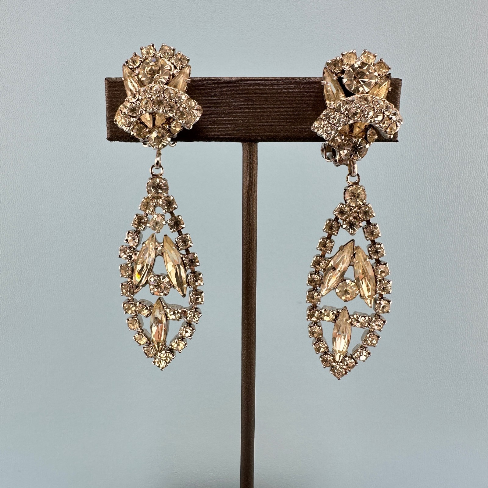 Vintage Rhinestone Earrings Chandelier Drop Clip On Statement Bridal Art Deco