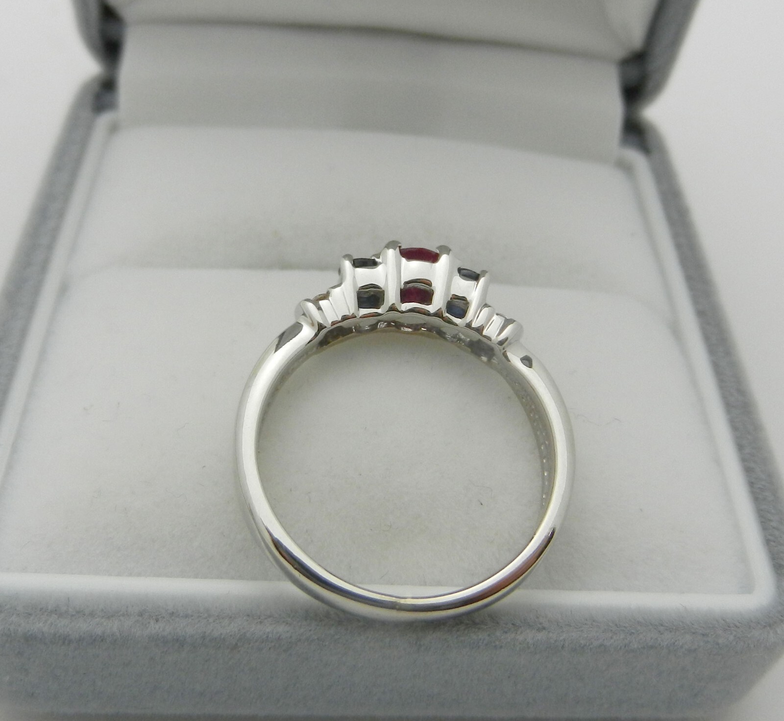 3-Stone Ruby, Sapphire Ring Band with Diamond Accents, Solid 14k Gold, size 6.25