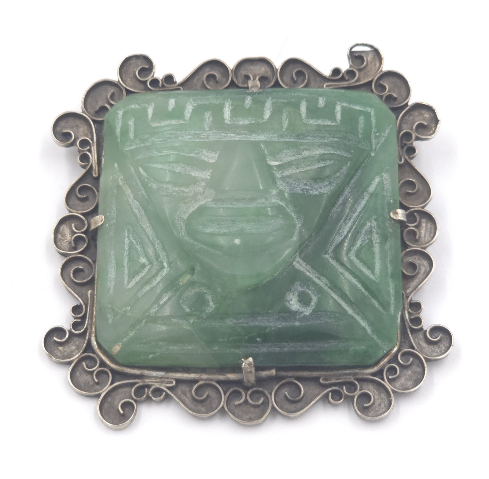 Vintage Taxco 980 Sterling Silver Carved Jadeite Aztec Warrior Brooch