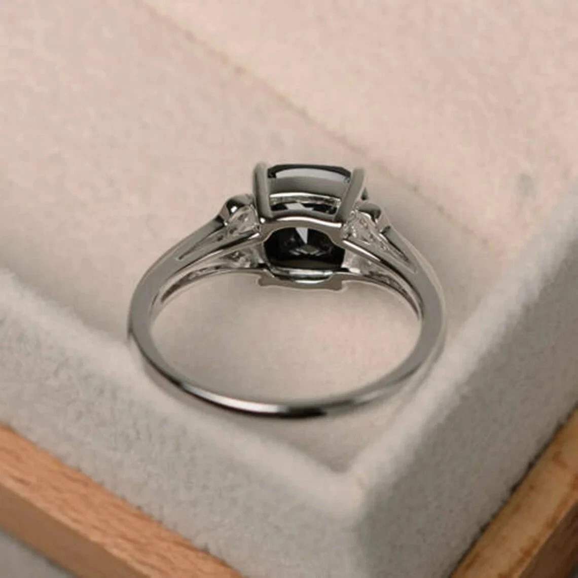 Cushion Cut Black Onyx & Lab Created Diamond Solitaire Engagement 925Silver Ring