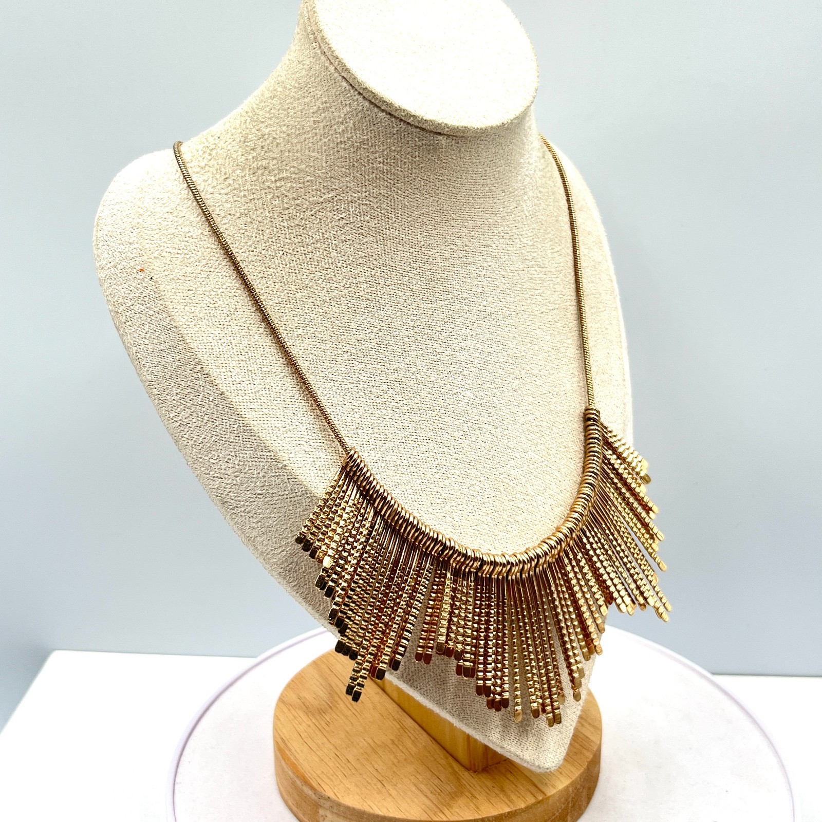 Vintage Style Gold Tone Fringe Bib Necklace, Textured Bar Drop Statement Jewelry